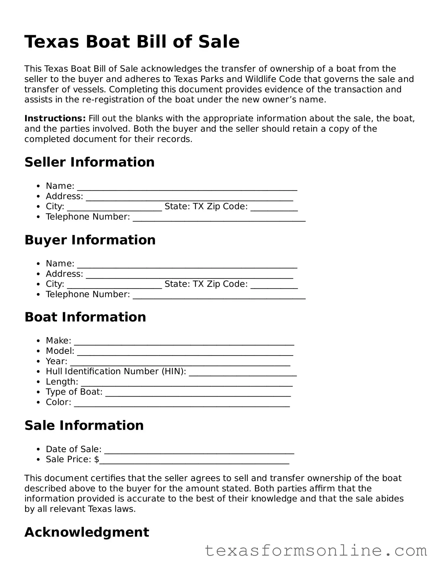 Official Texas Boat Bill of Sale Document
