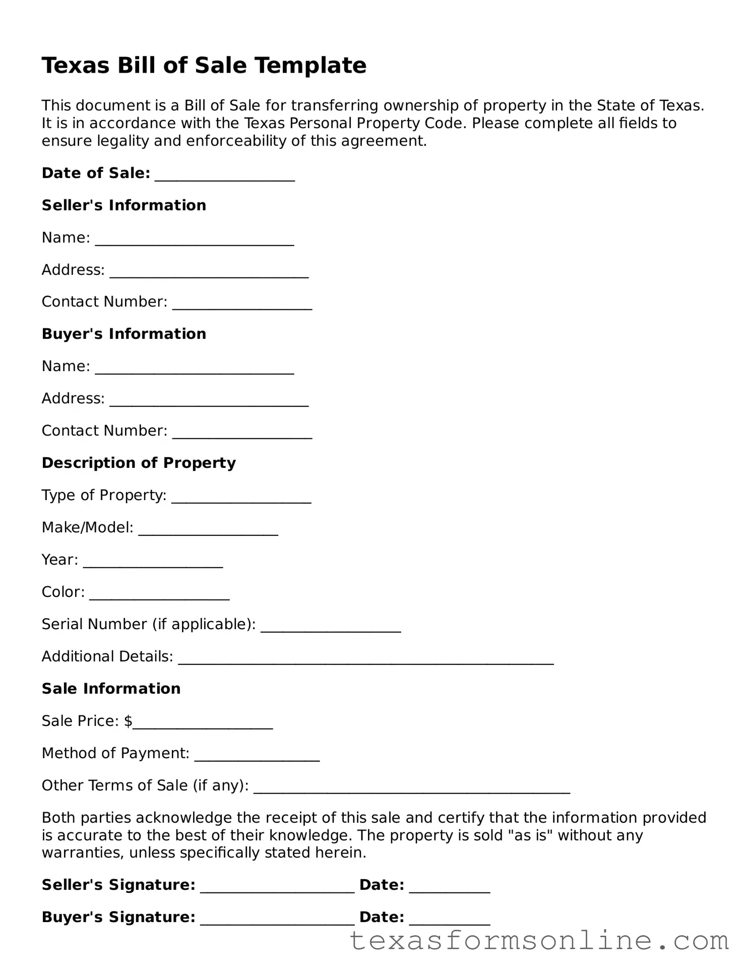 Official Texas Bill of Sale Document