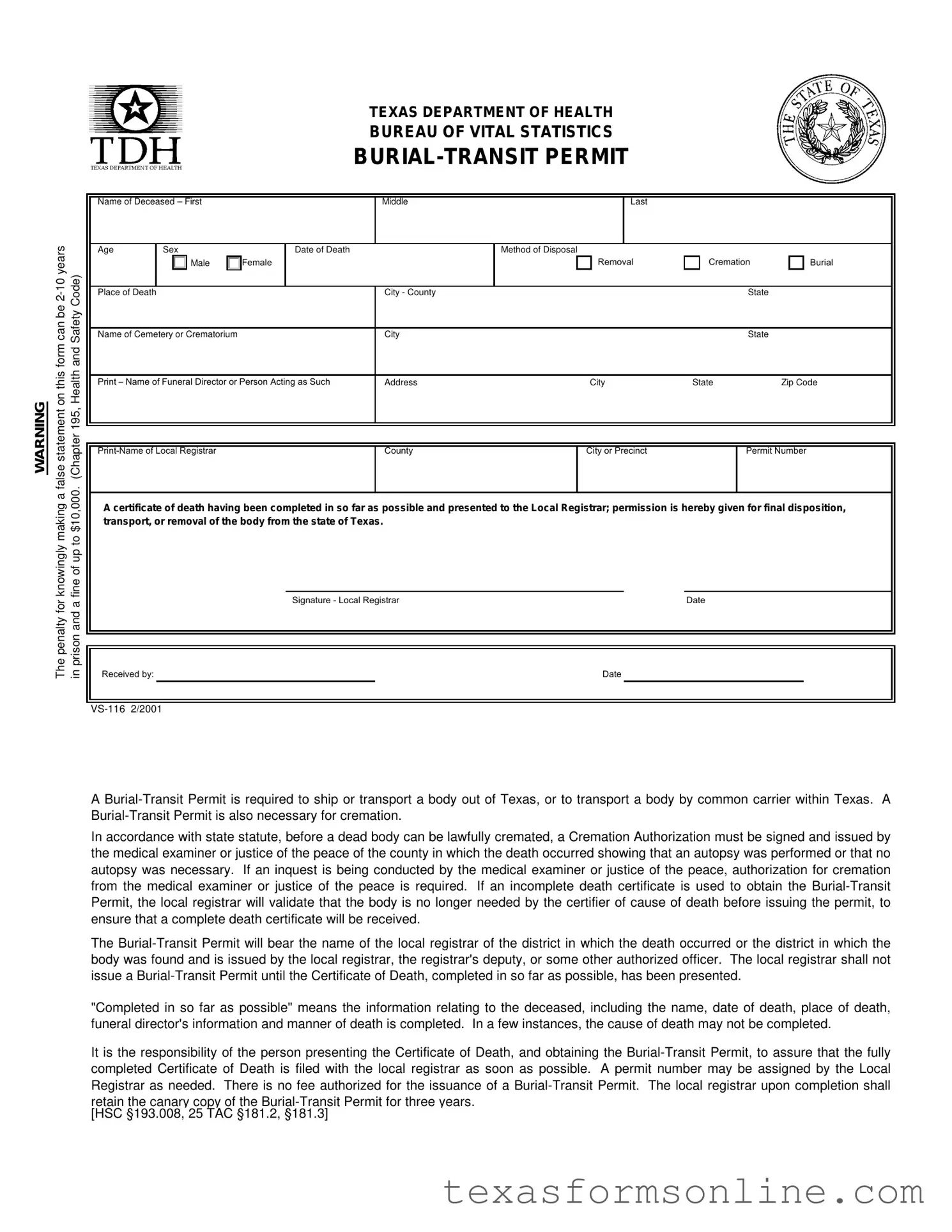 Blank Texas Burial Transit Permit PDF Form