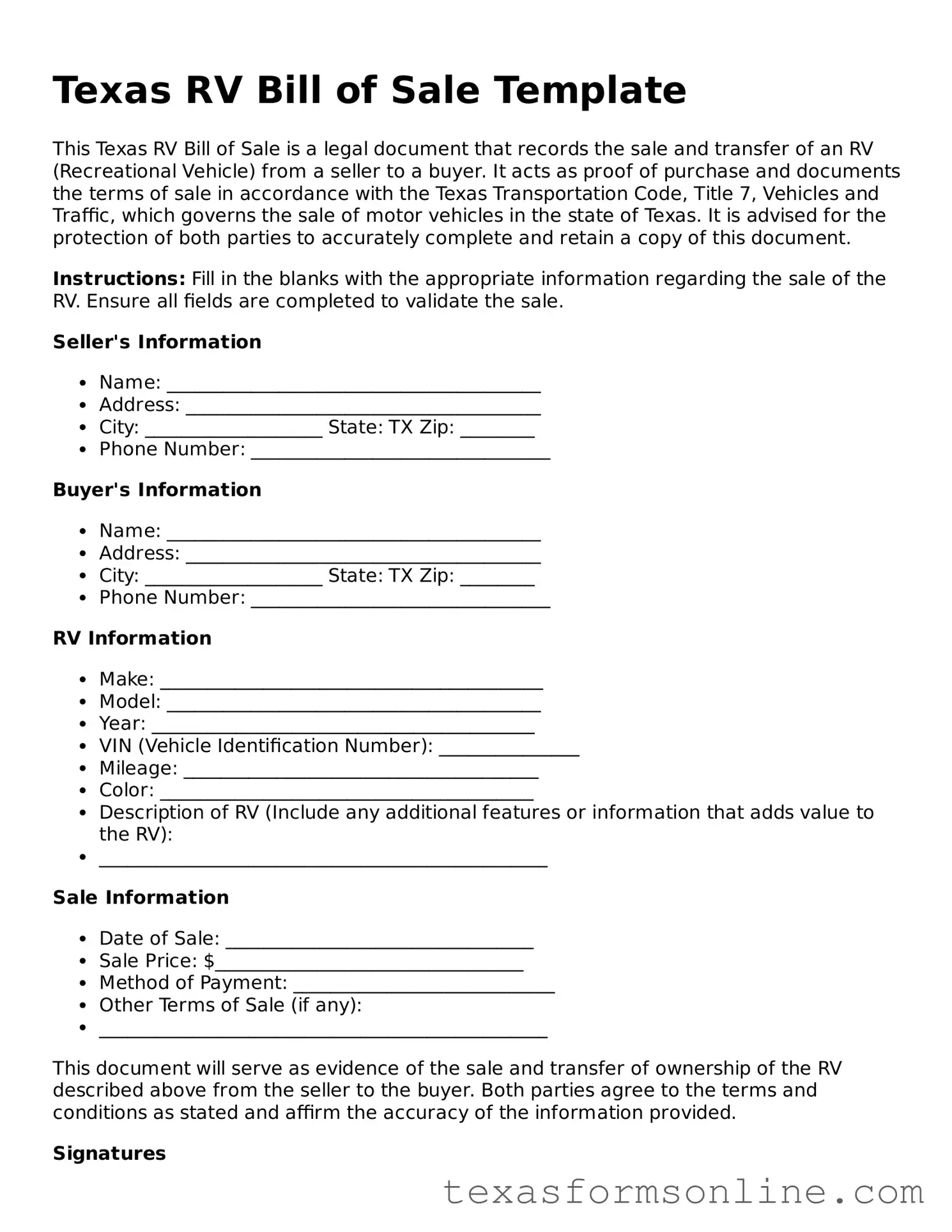 Official Texas RV Bill of Sale Document