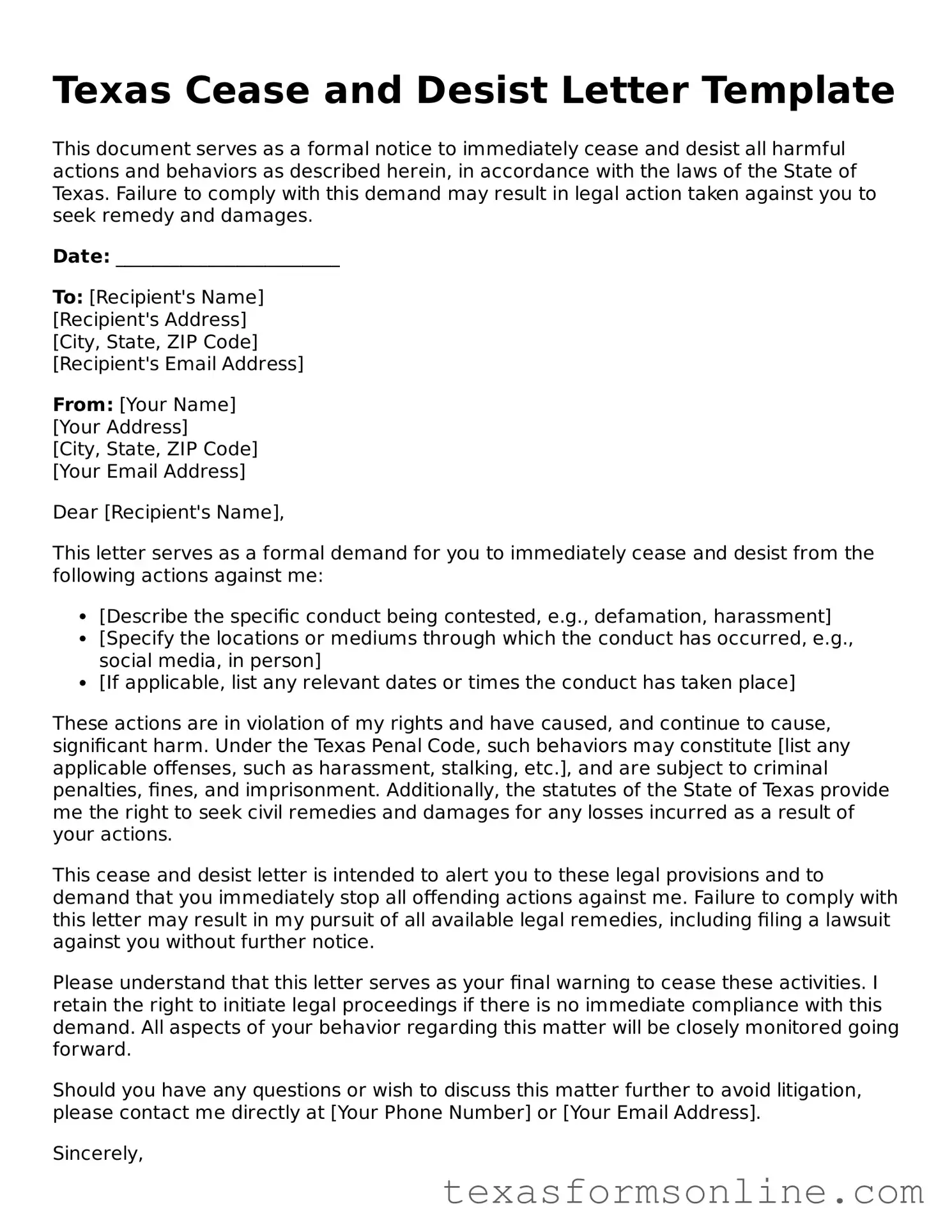Official Texas Cease and Desist Letter Document