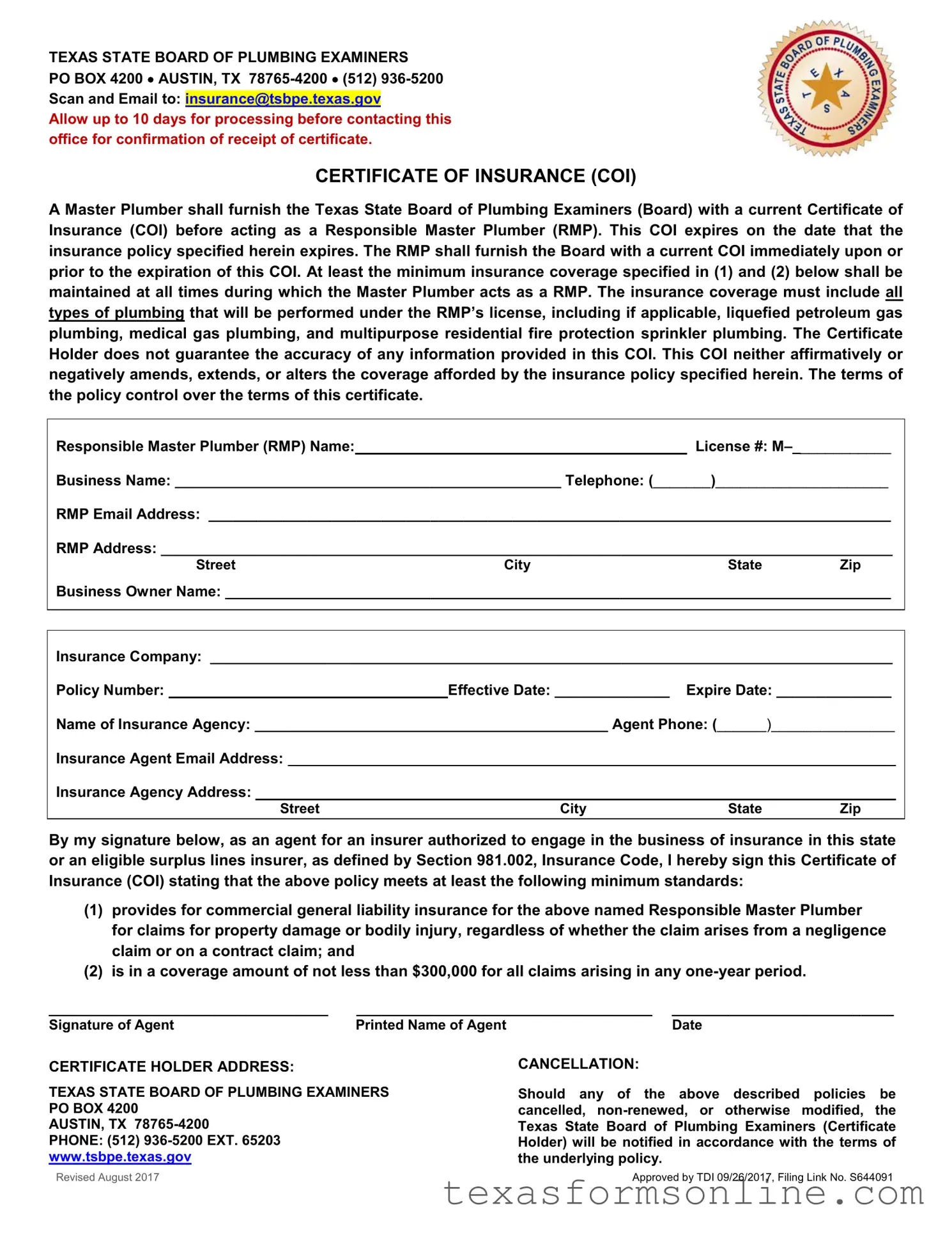 Blank Texas Certificate Insurance PDF Form