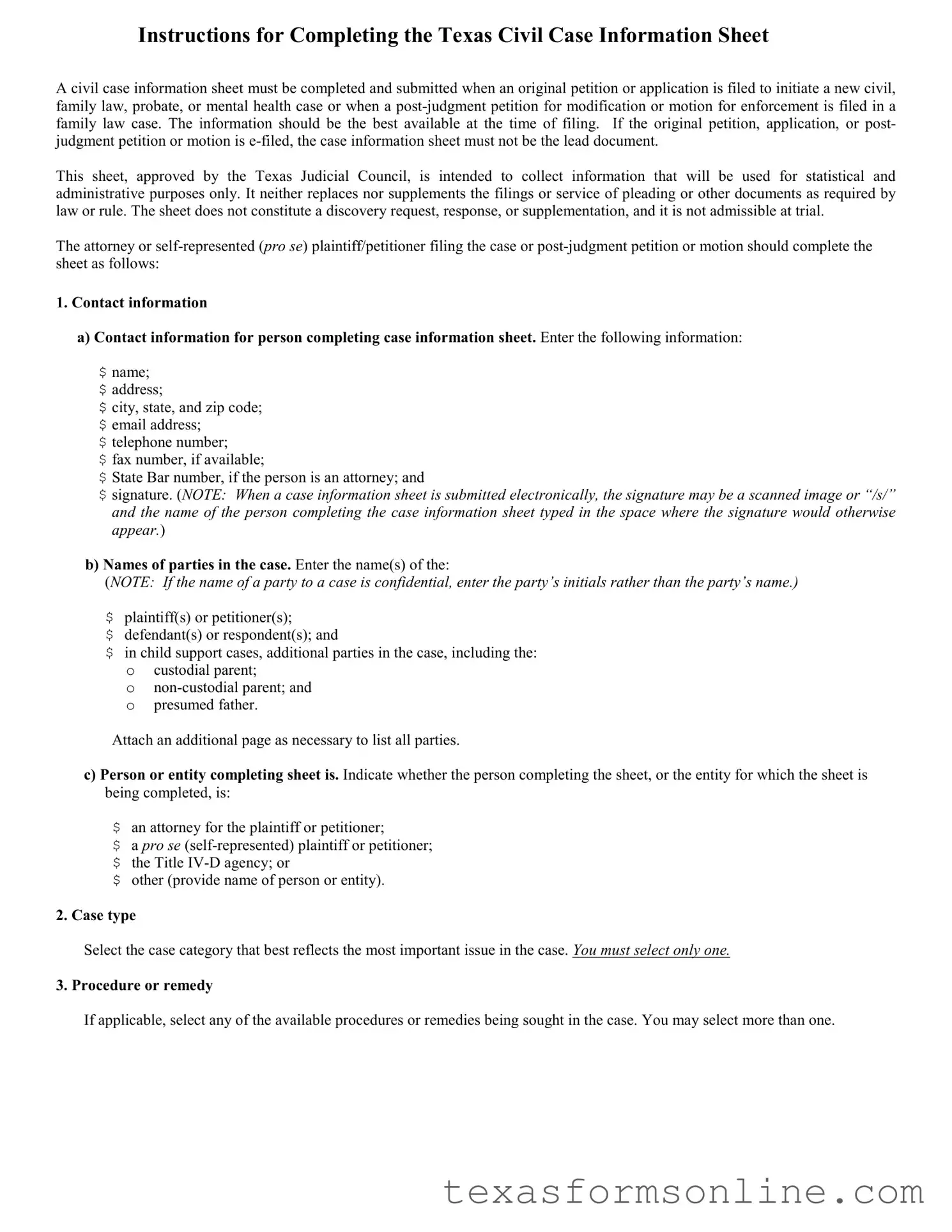 Blank Texas Civil Case Information Sheet PDF Form