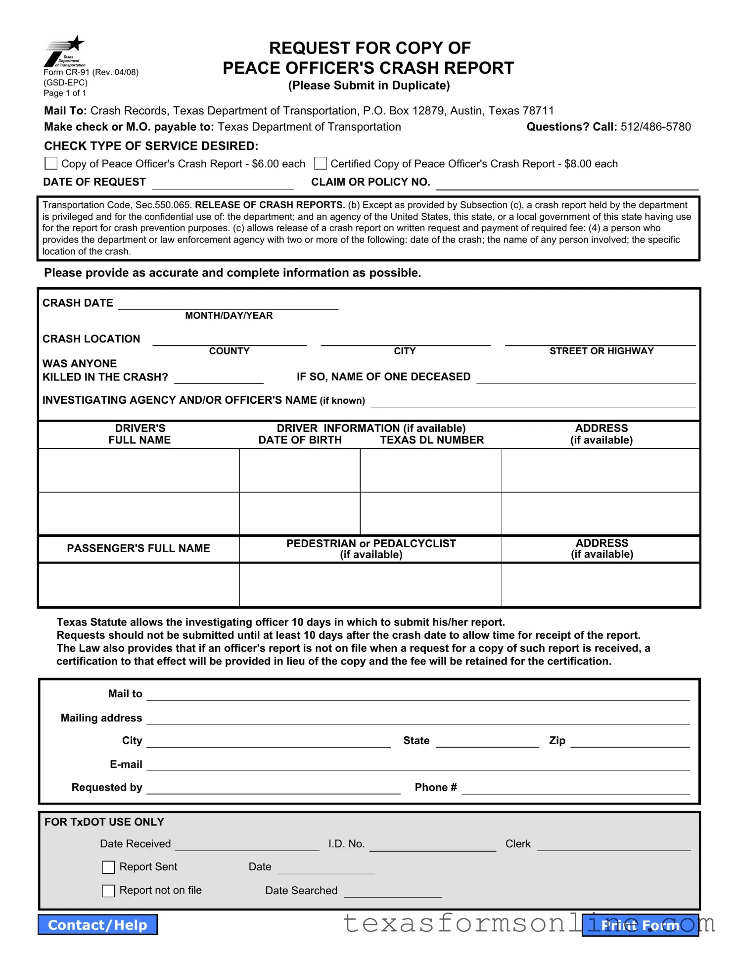 Blank Texas Cr 91 PDF Form