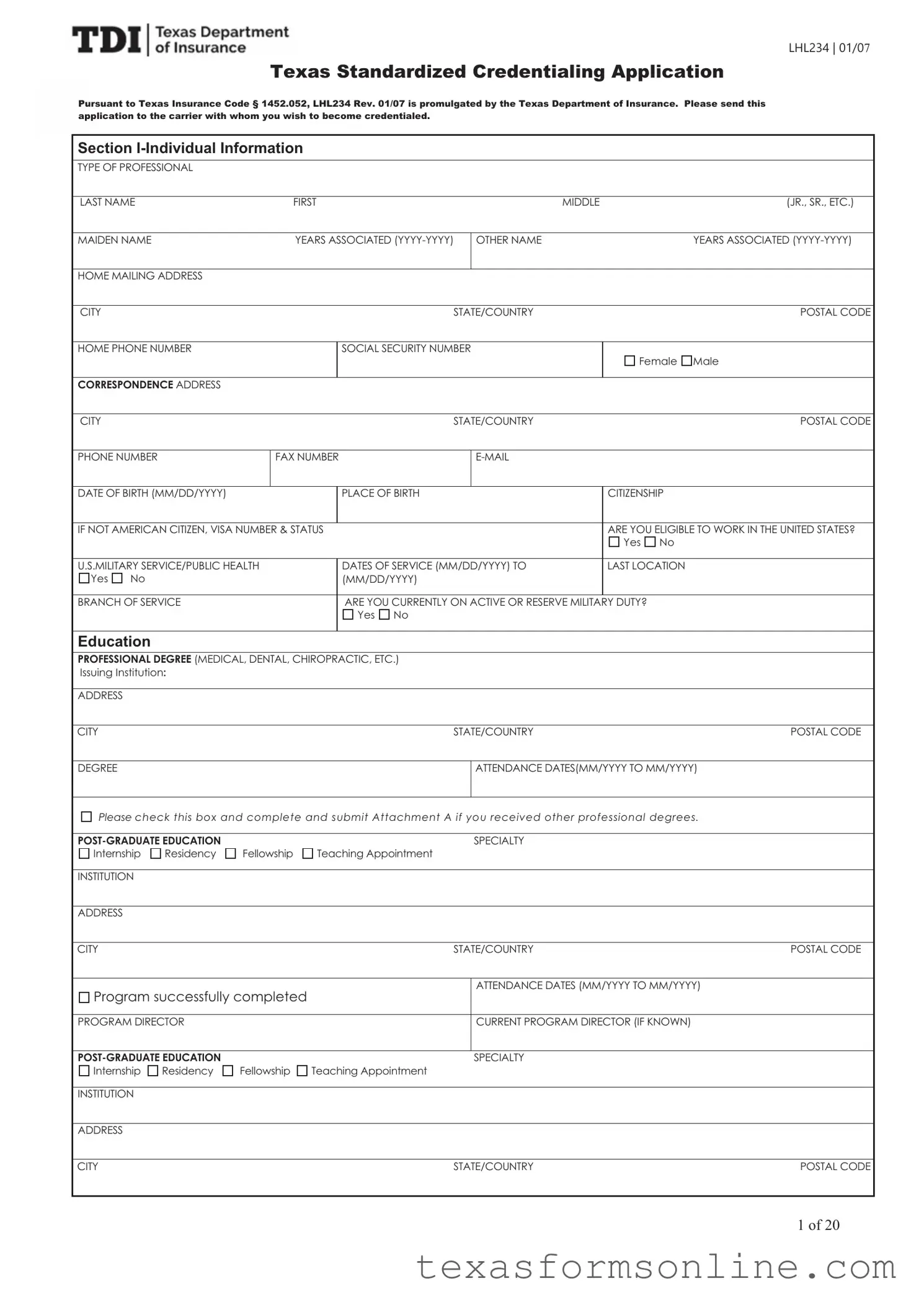 Blank Texas Credentialing Application PDF Form