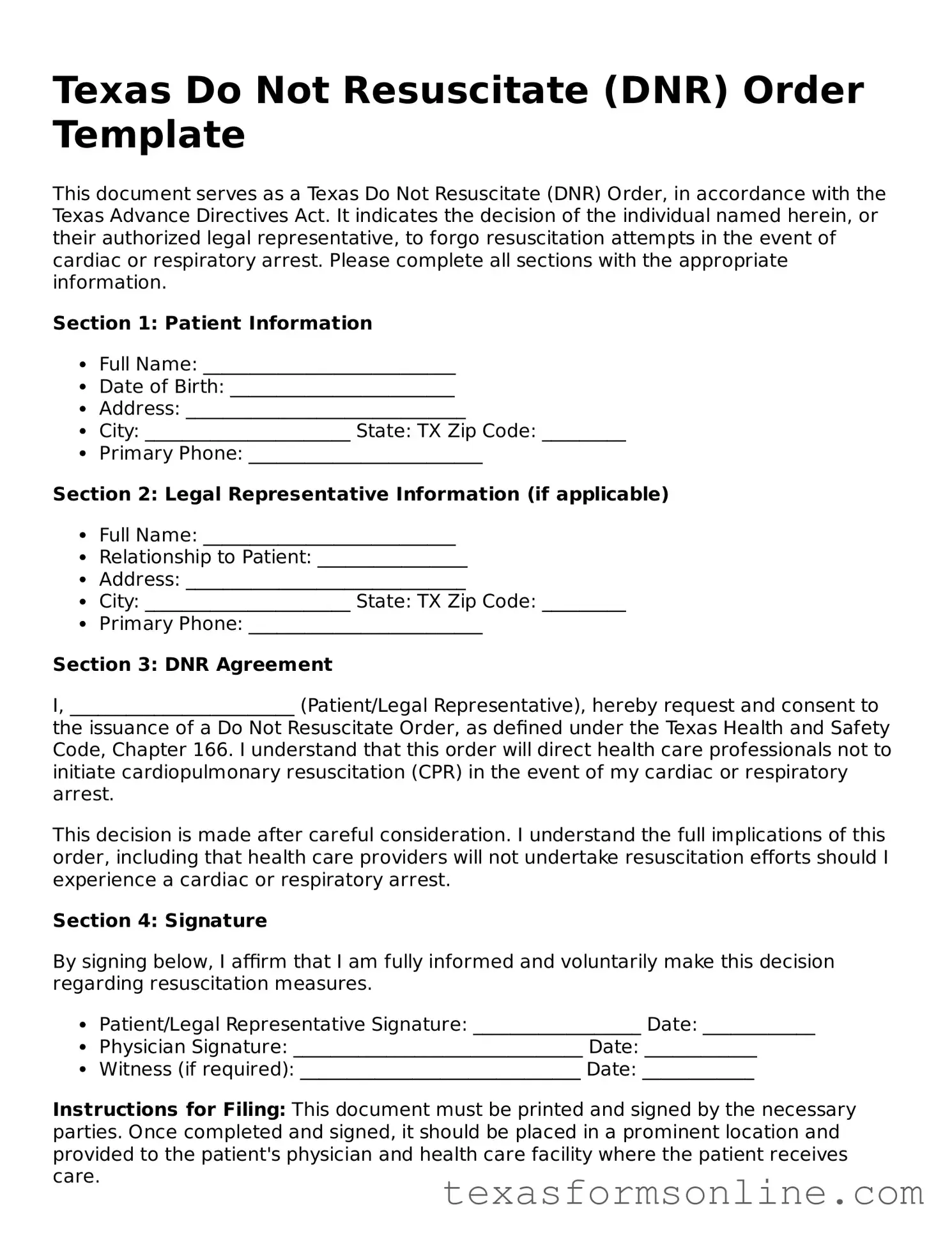 Official Texas Do Not Resuscitate Order Document