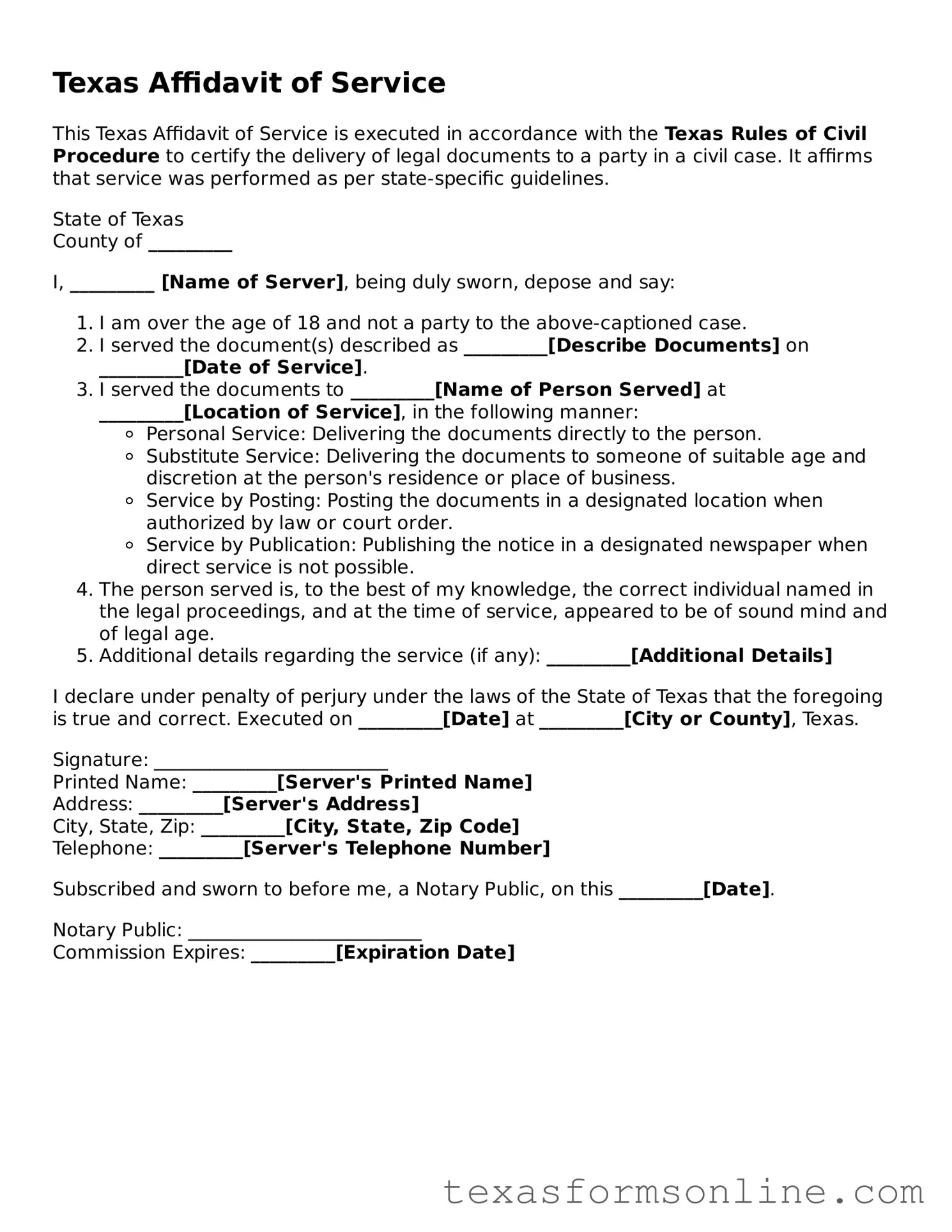 Official Texas Affidavit of Service Document