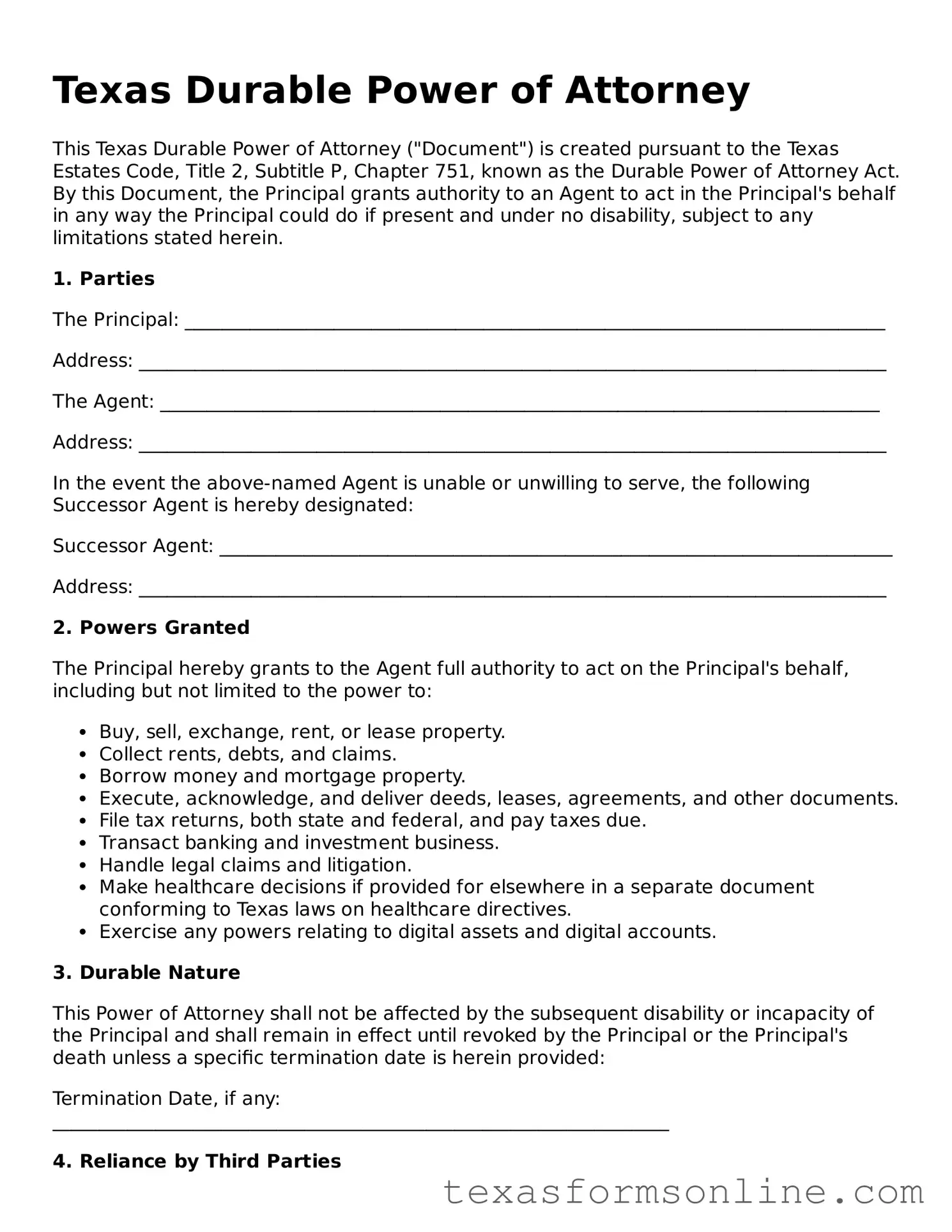 Official Texas Durable Power of Attorney Document
