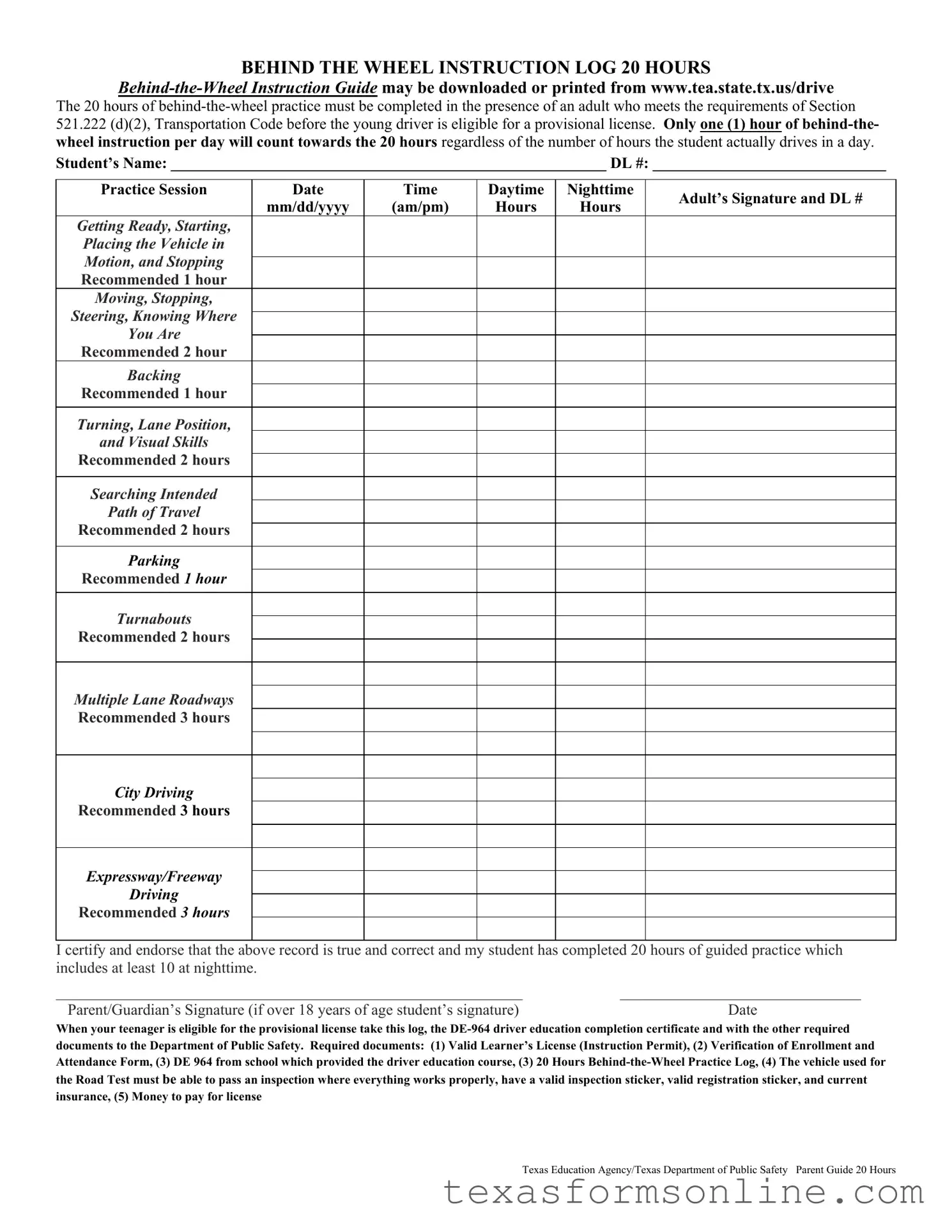 Blank Texas Dps Driving Log PDF Form
