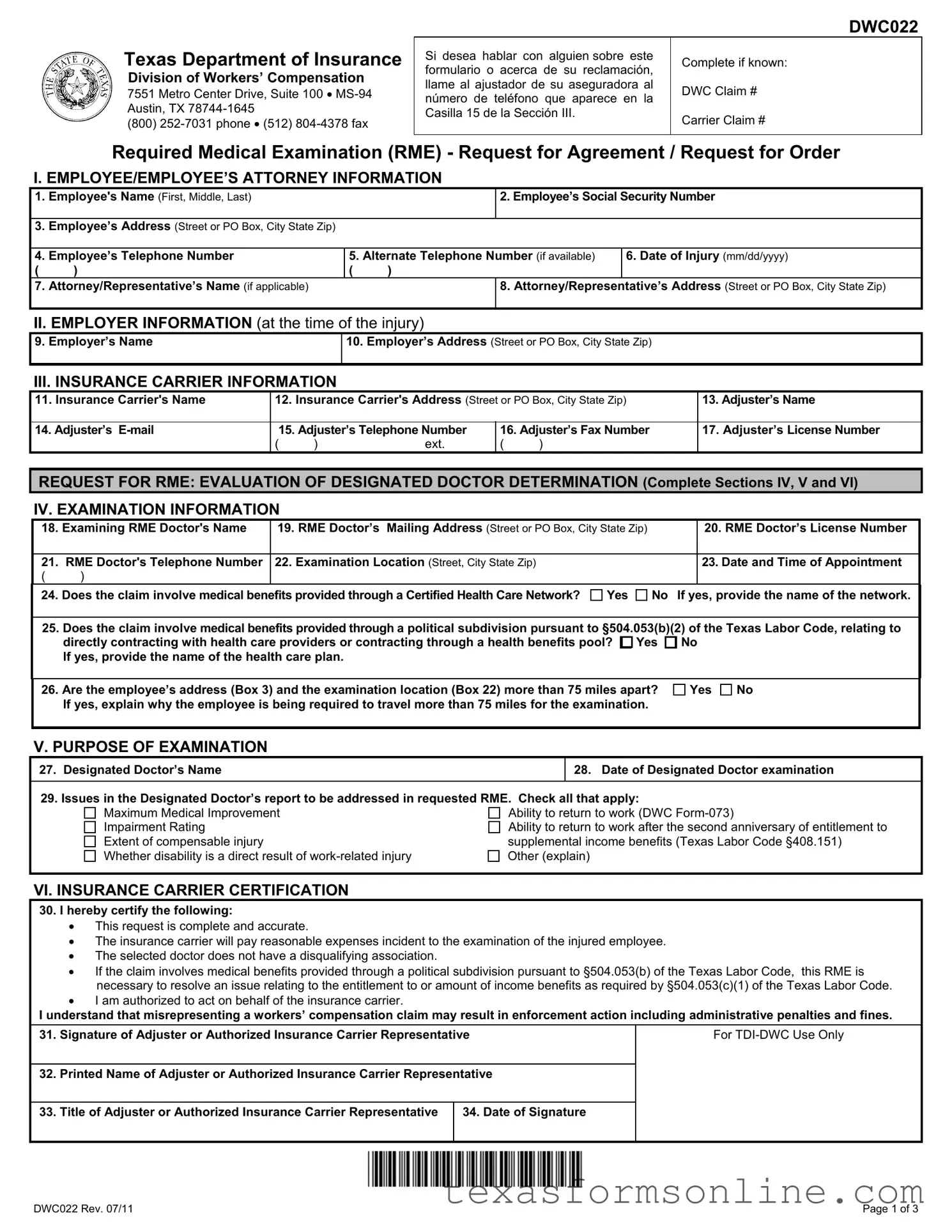 Blank Texas Dwc022 PDF Form