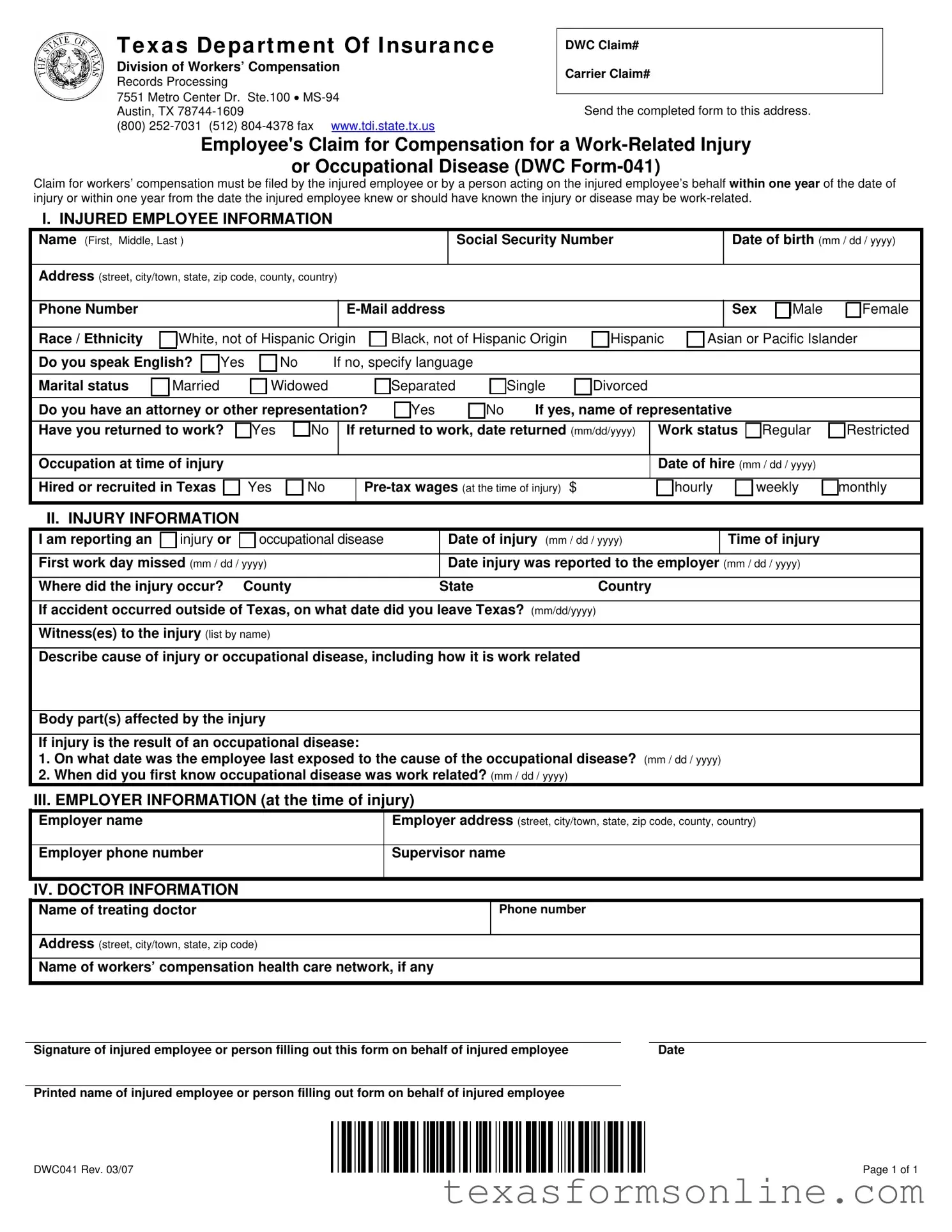 Blank Texas Dwc041 PDF Form
