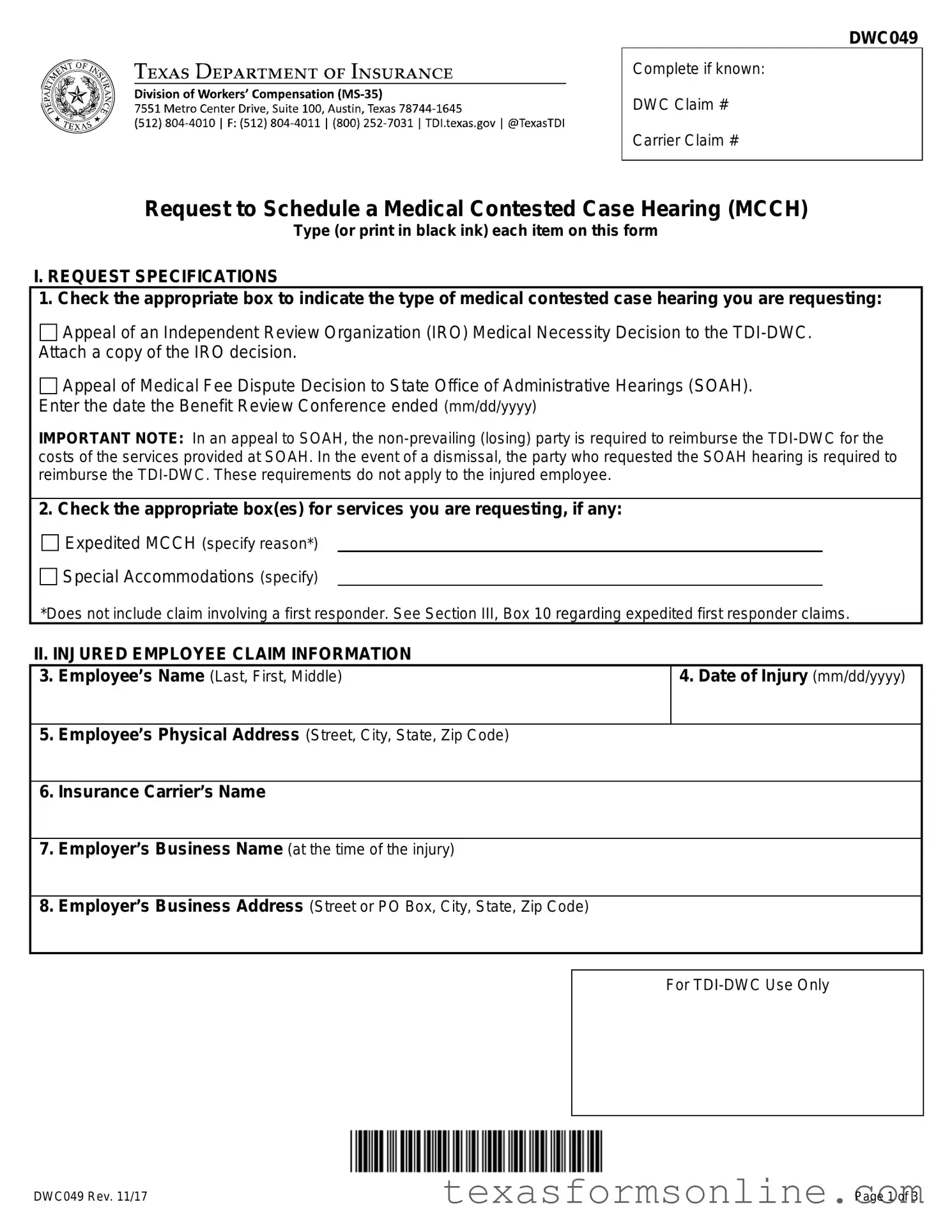 Blank Texas Dwc049 PDF Form
