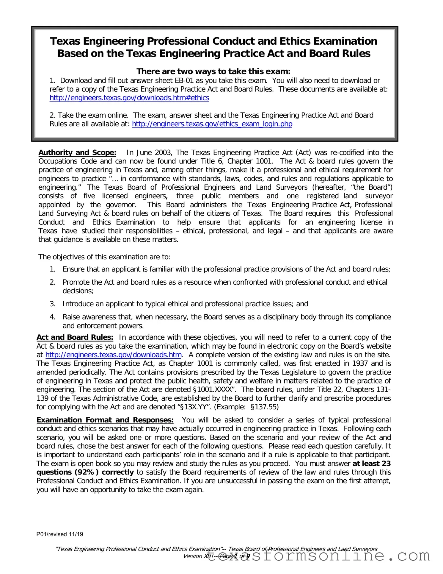 Blank Texas Ethics Of Engineering Exam PDF Form