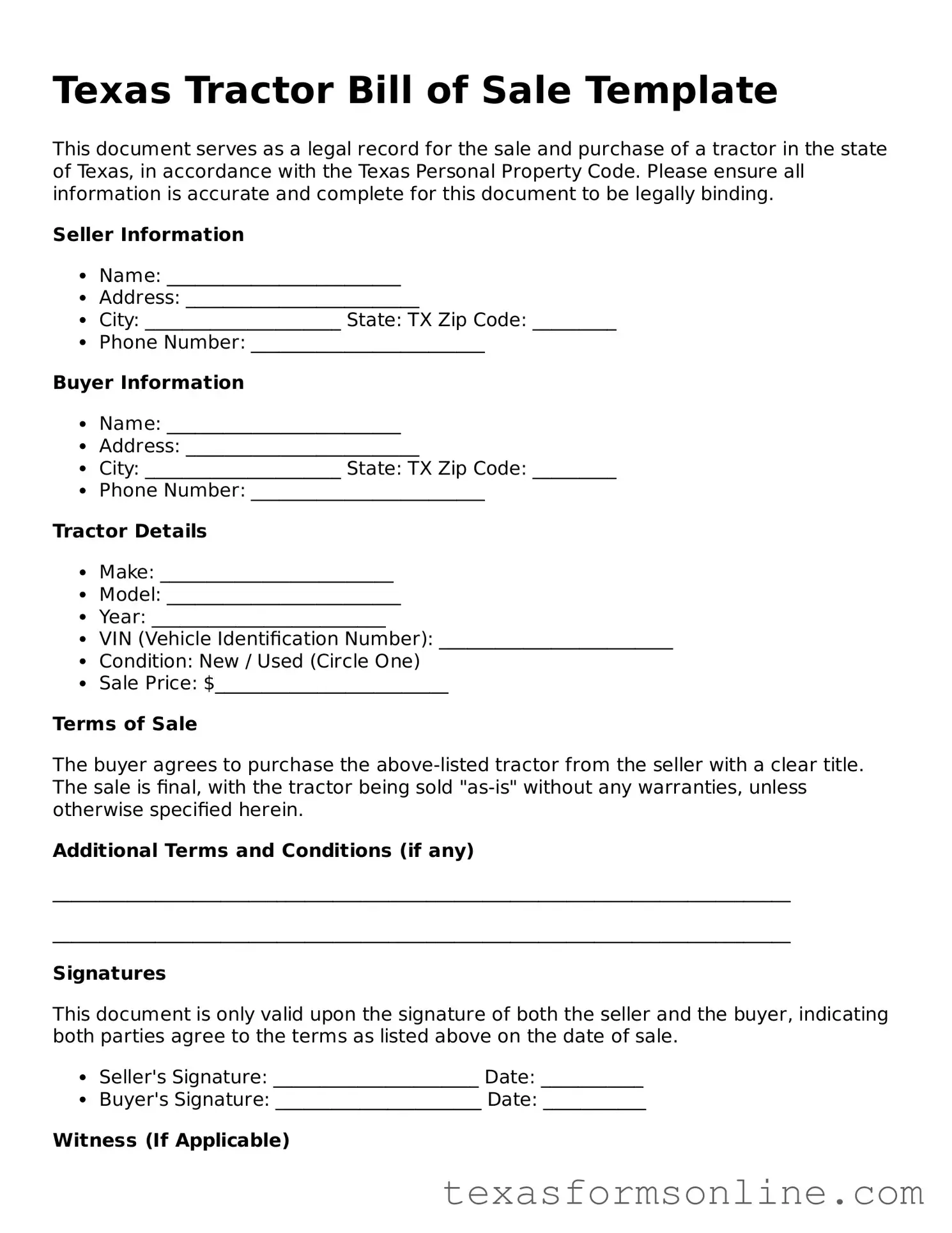 Official Texas Tractor Bill of Sale Document