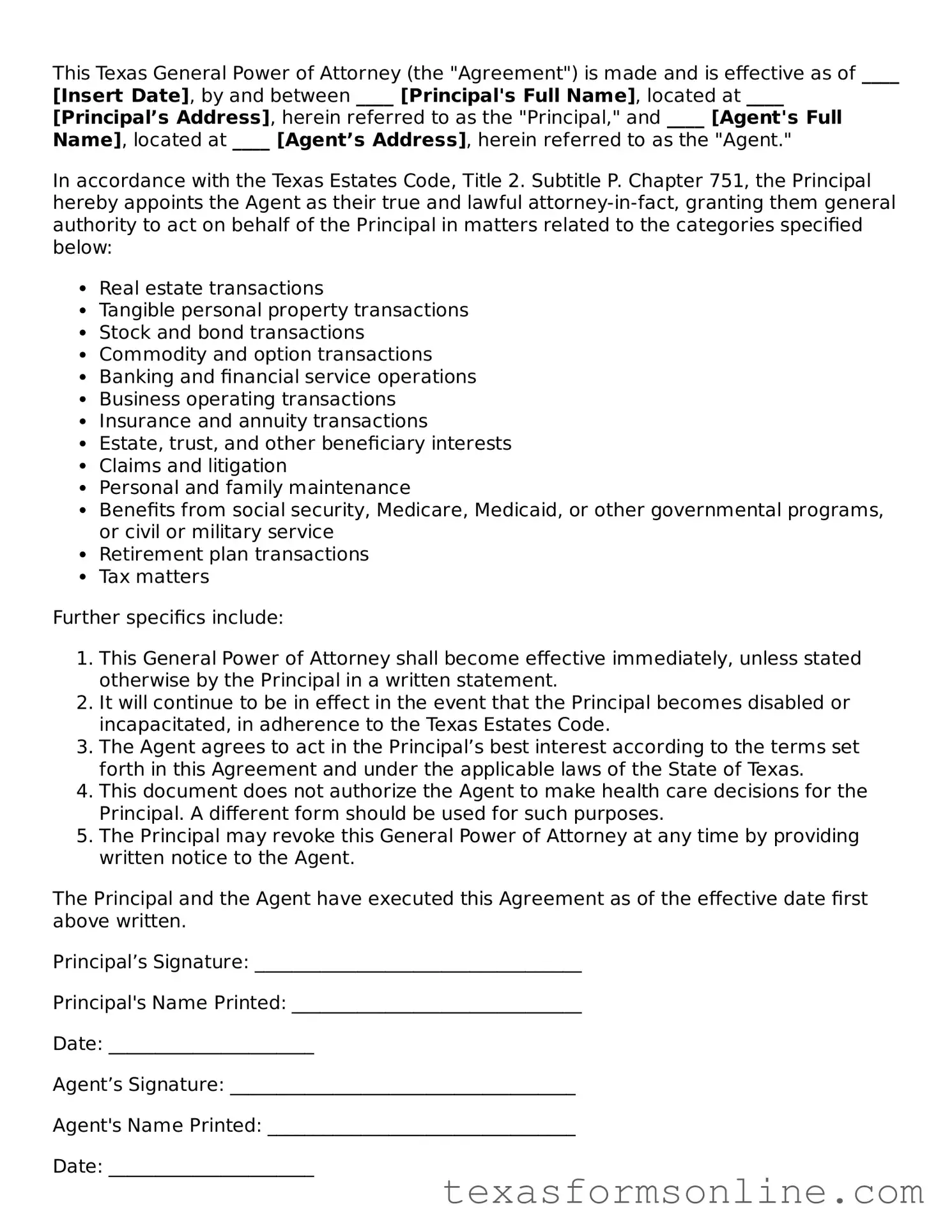 Official Texas General Power of Attorney Document