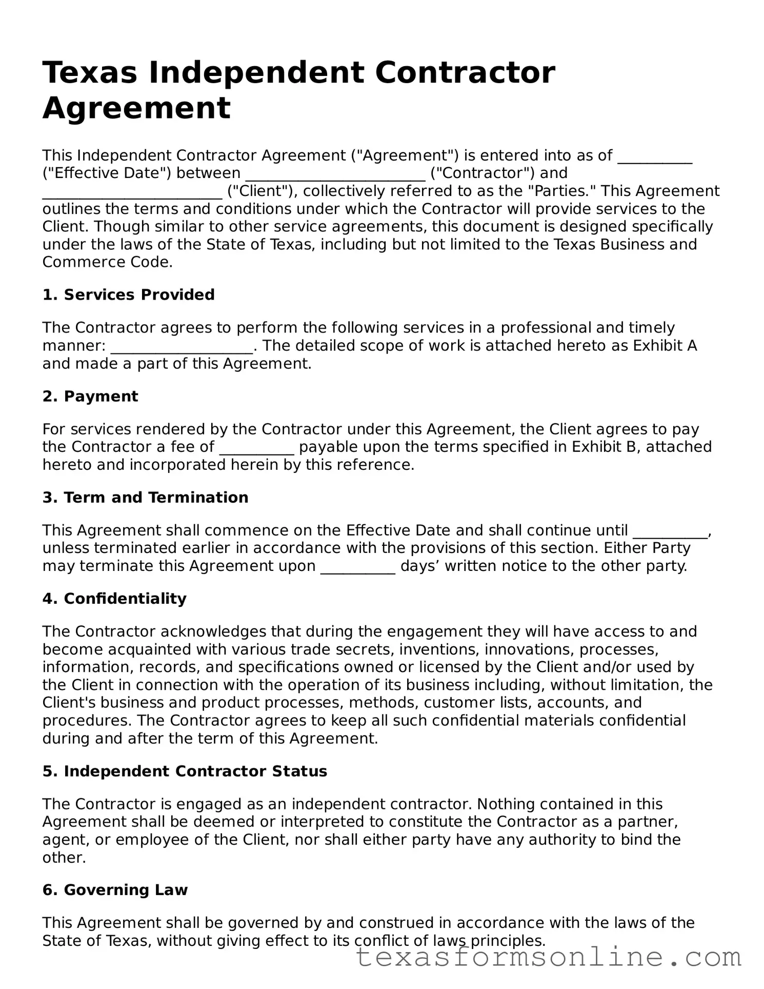 Official Texas Independent Contractor Agreement Document