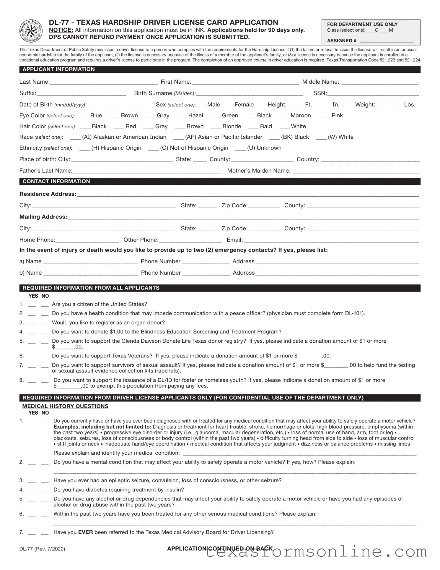 Blank Texas From Dl 77 PDF Form