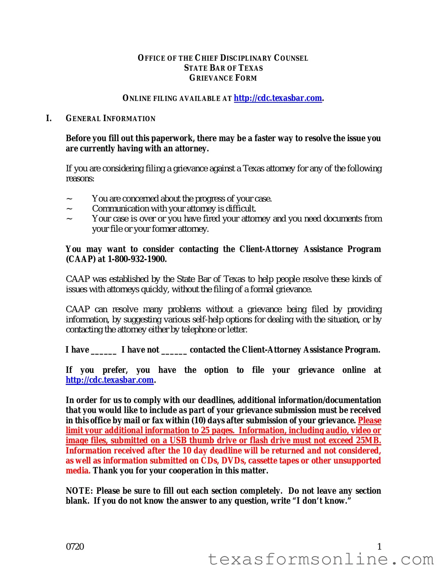 Blank Texas Grievance PDF Form