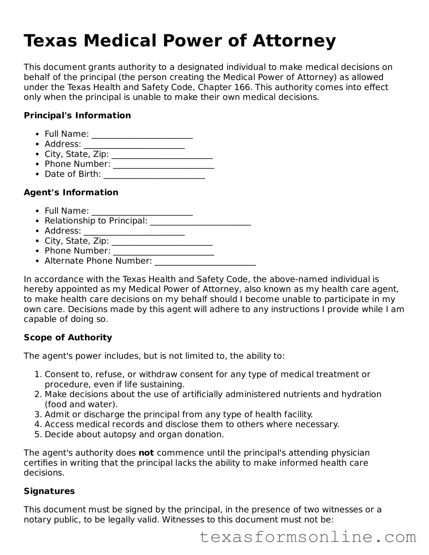 Official Texas Medical Power of Attorney Document