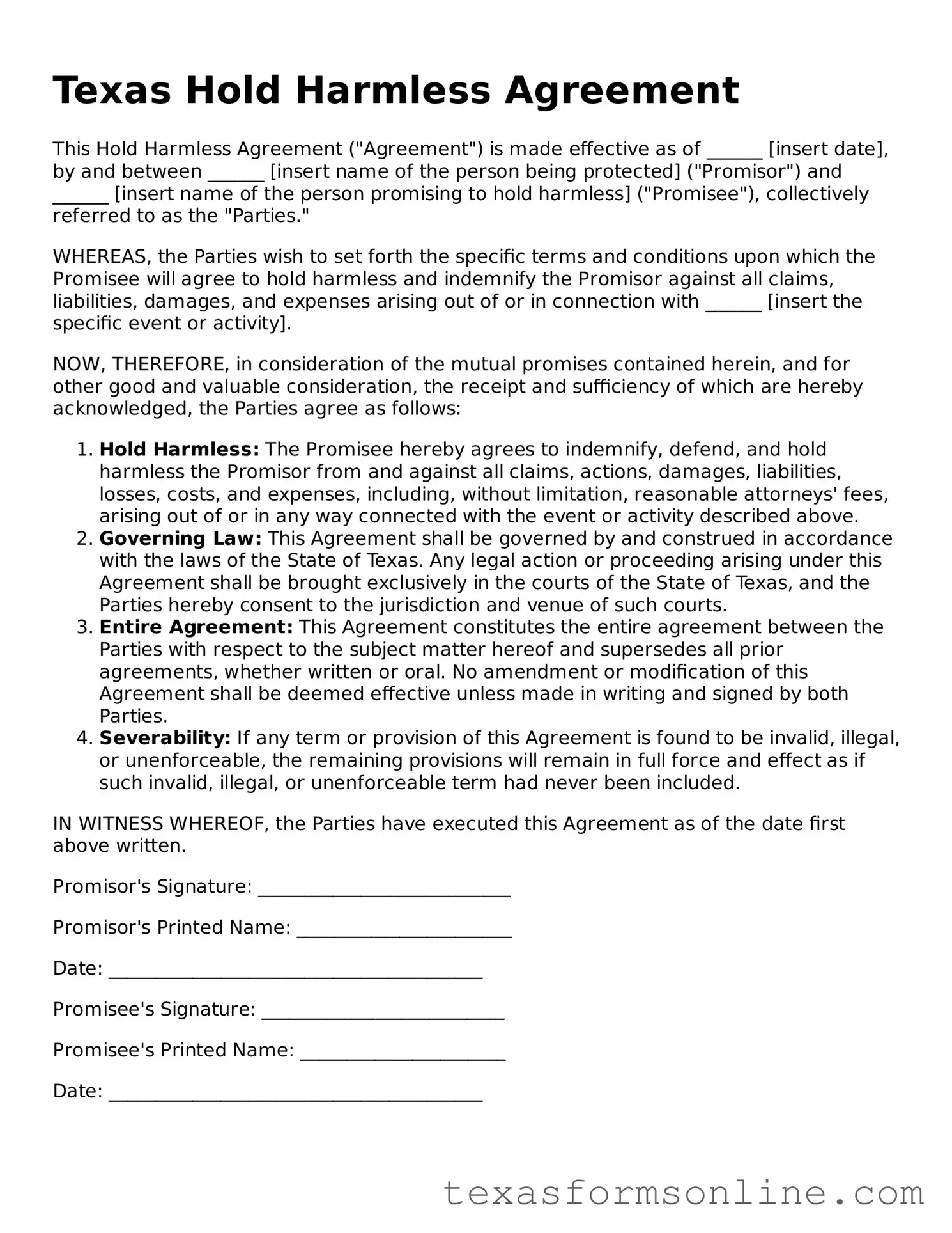 Official Texas Hold Harmless Agreement Document