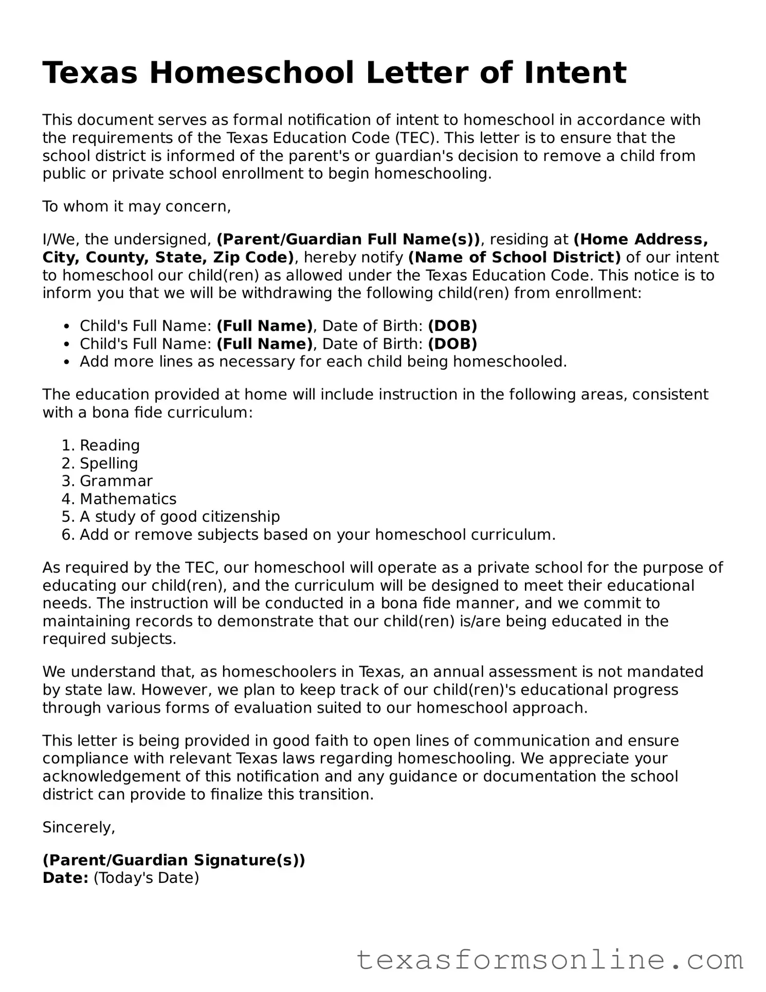 Official Texas Homeschool Letter of Intent Document
