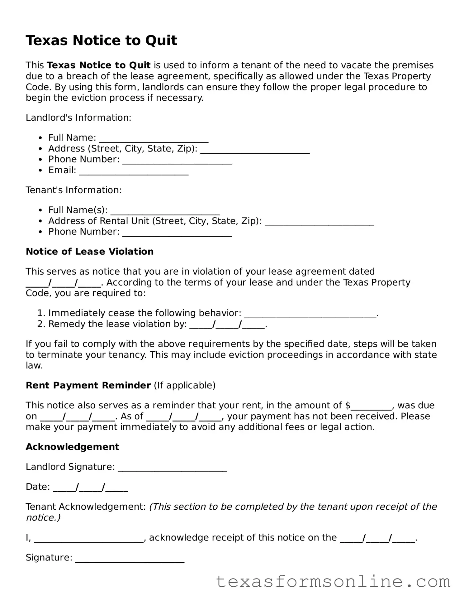 Official Texas Notice to Quit Document