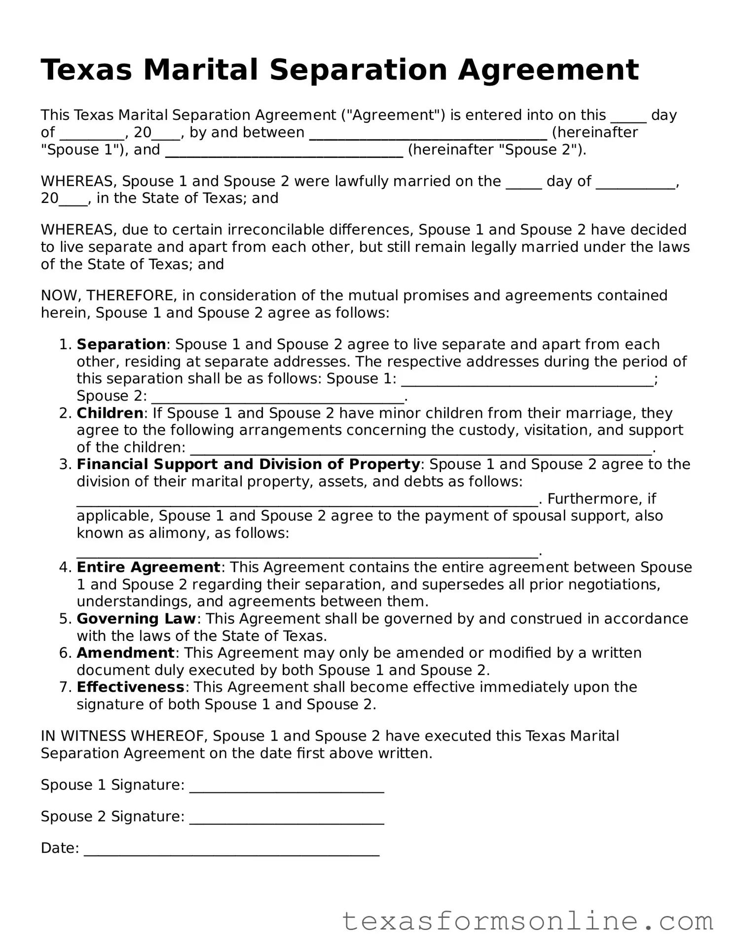 Official Texas Marital Separation Agreement Document