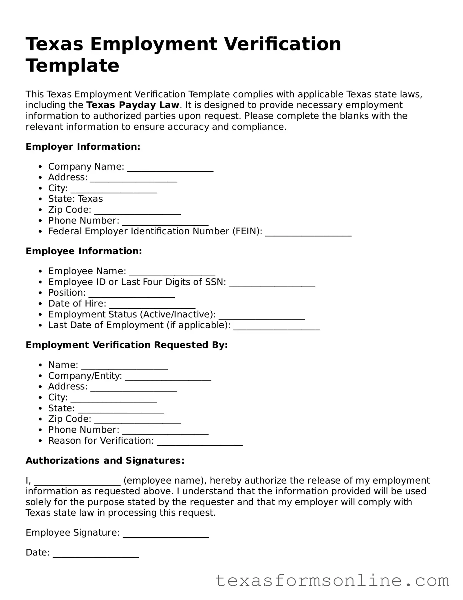 Official Texas Employment Verification Document
