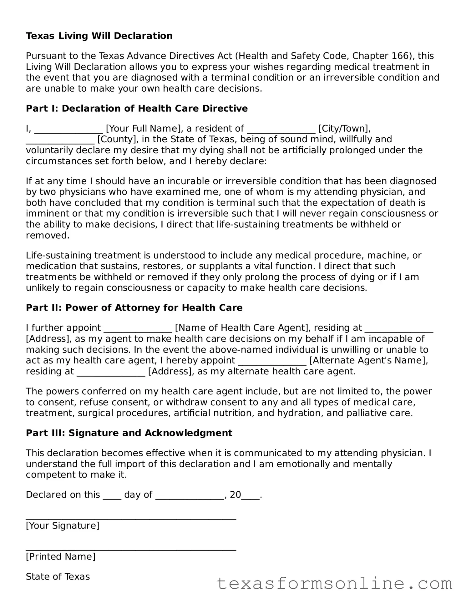 Official Texas Living Will Document