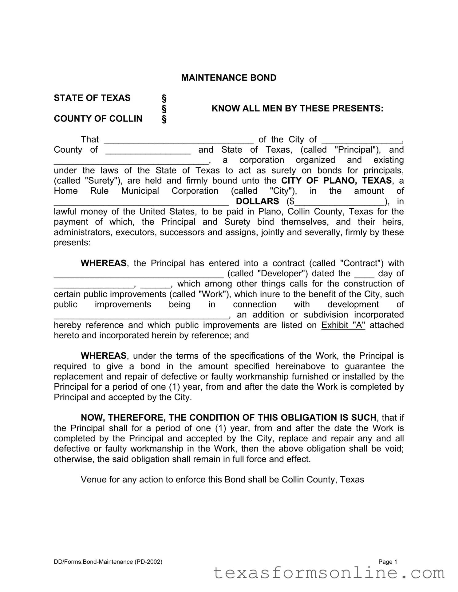 Blank Texas Maintenance Bond PDF Form