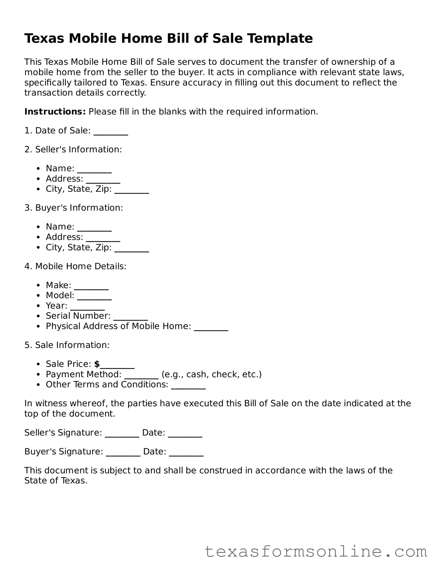 Official Texas Mobile Home Bill of Sale Document