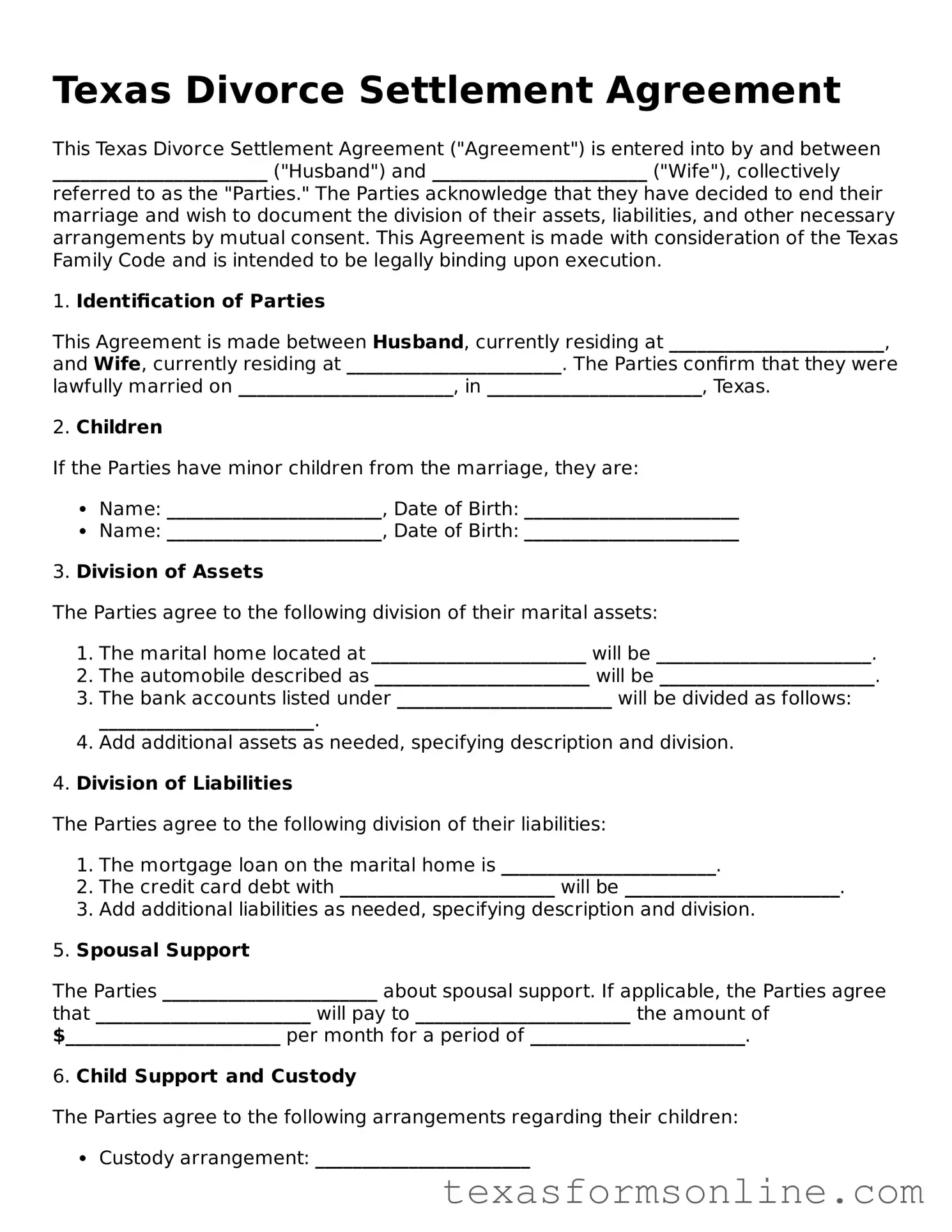 Official Texas Divorce Settlement Agreement Document
