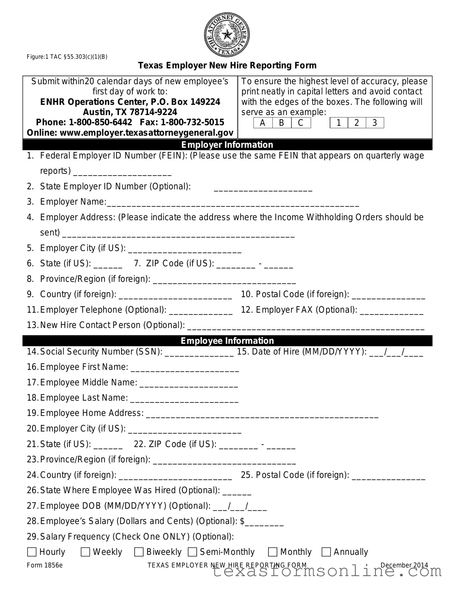 Blank Texas New Hire Reporting PDF Form