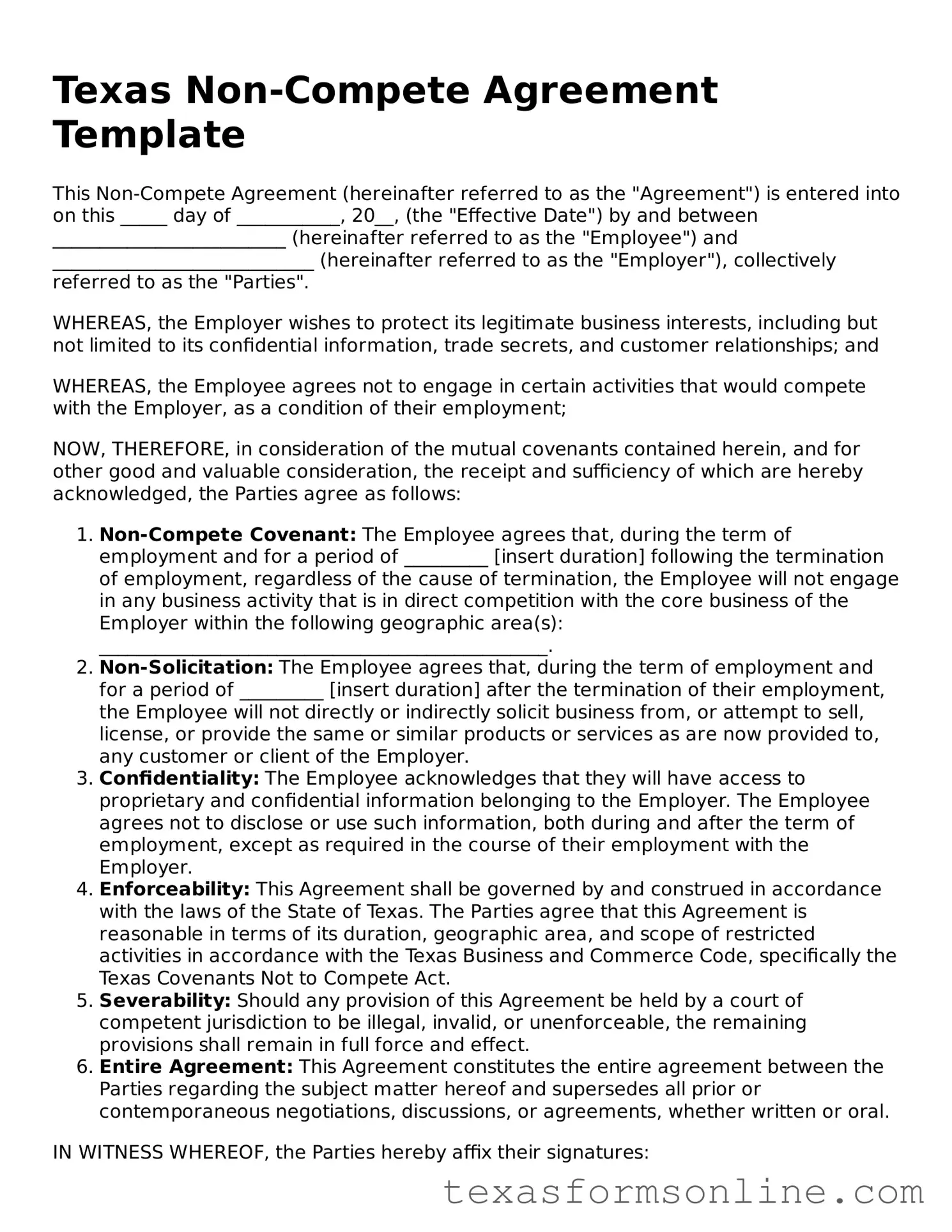 Official Texas Non-compete Agreement Document
