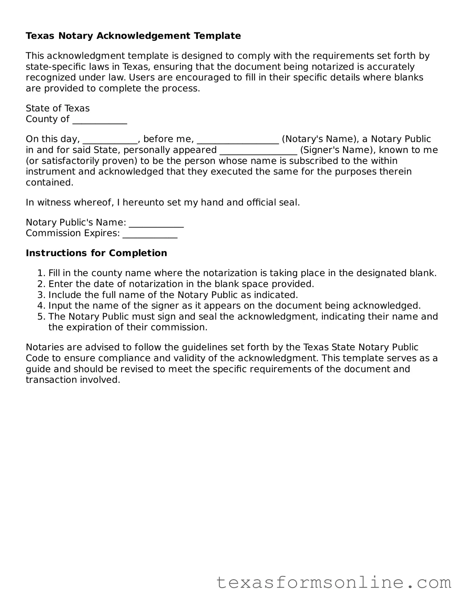 Official Texas Notary Acknowledgement Document