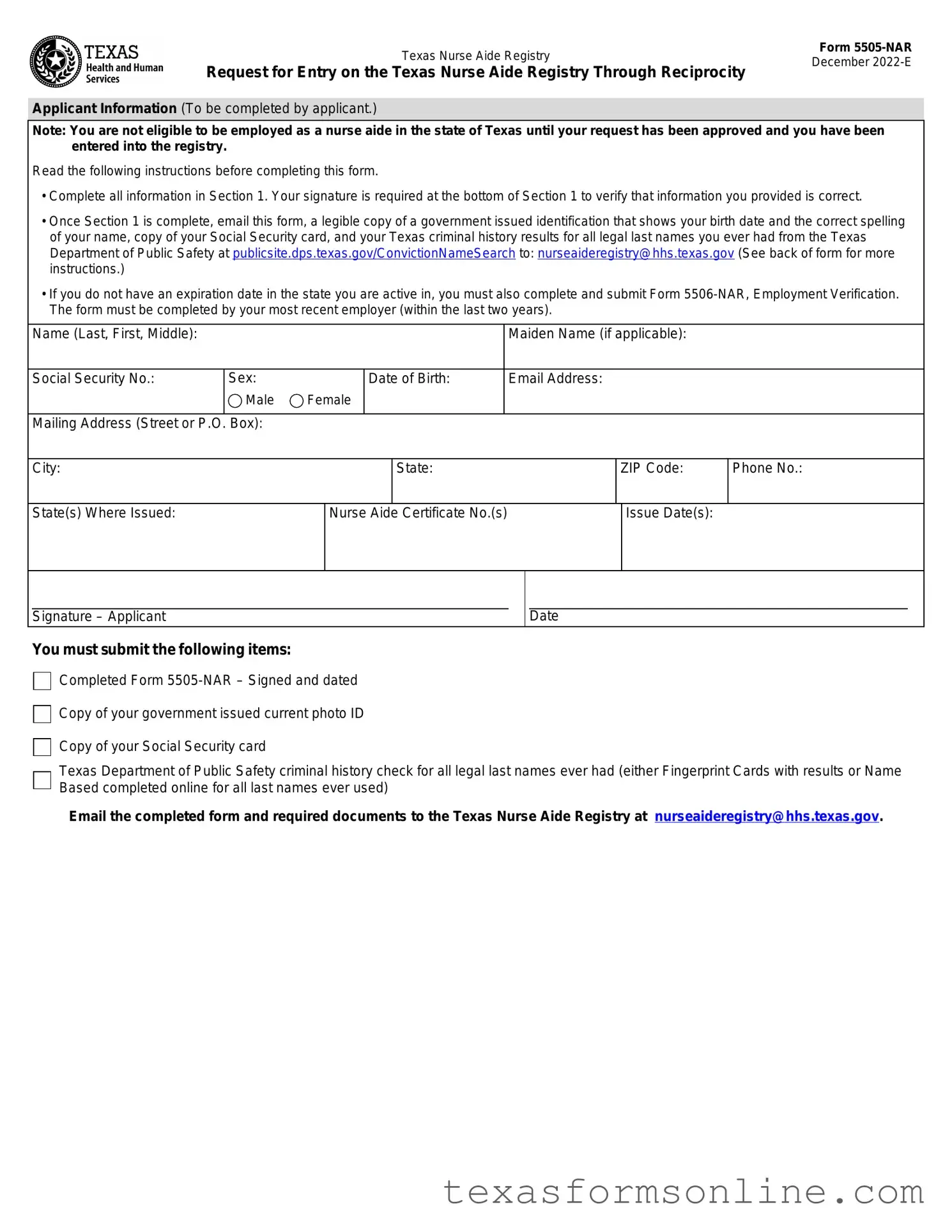 Blank Texas Nurse Aide Registry 5505-NAR PDF Form