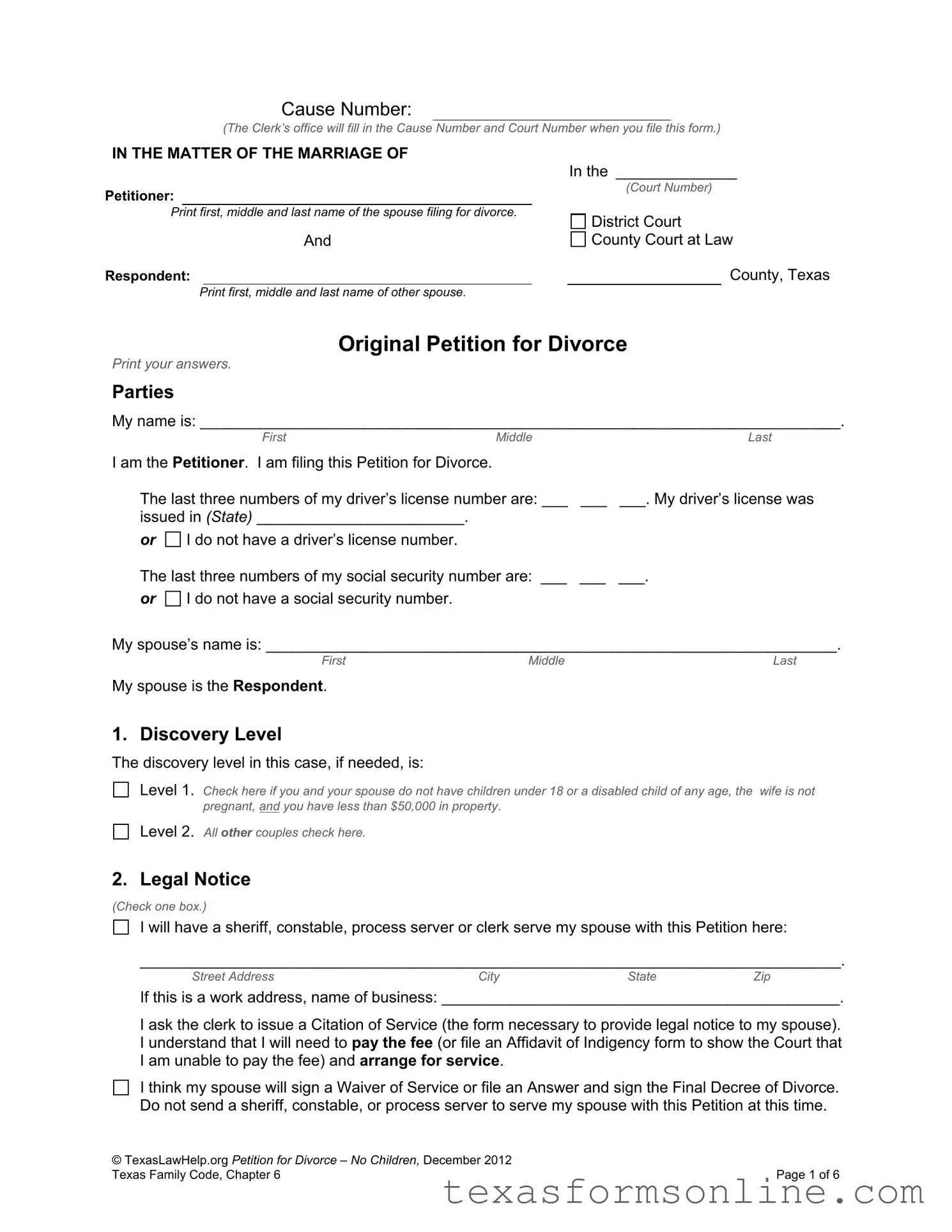 Blank Texas Original Petition Divorce PDF Form