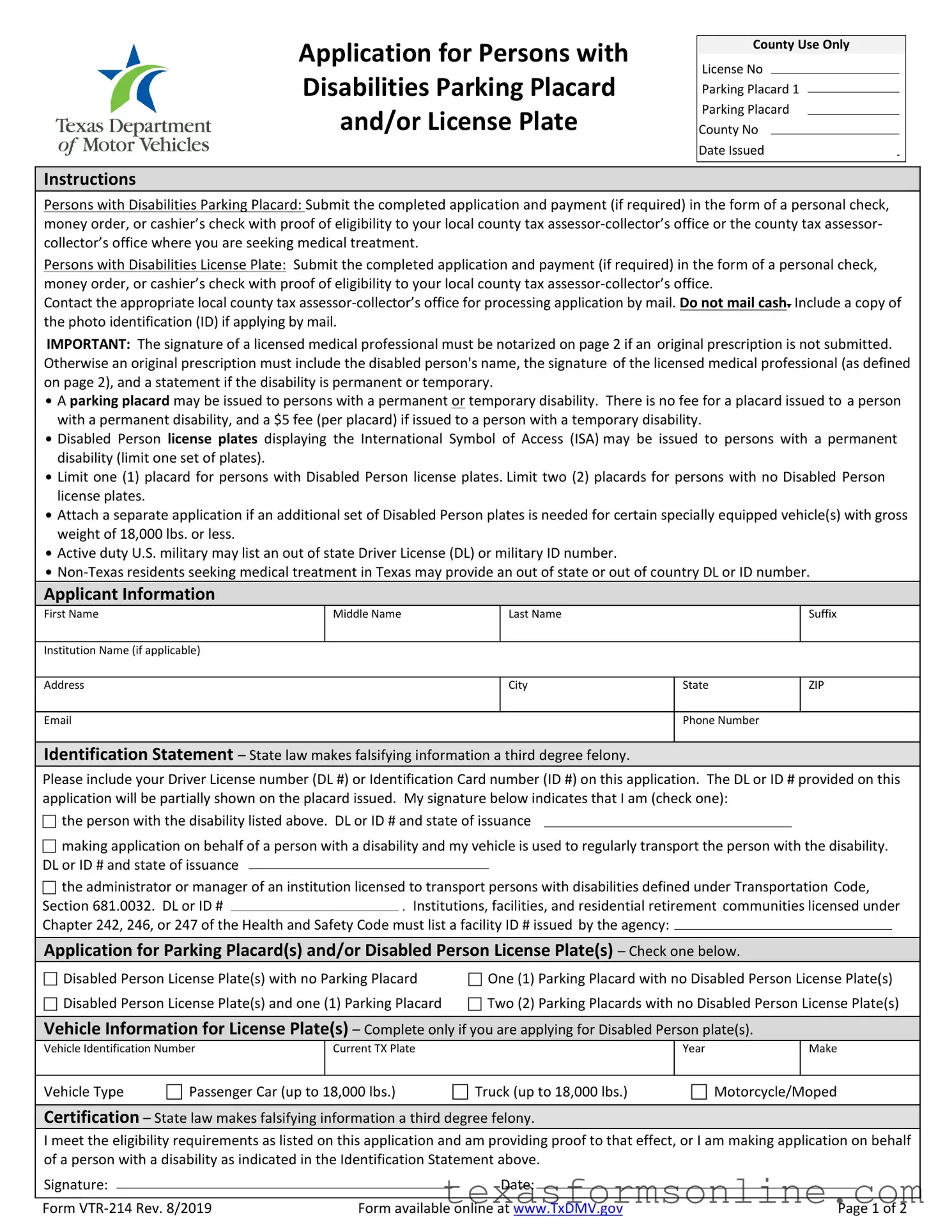 Blank Texas Parking Vtr 214 PDF Form