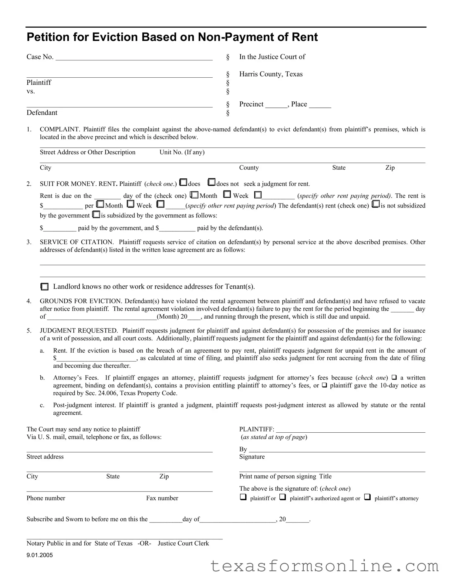 Blank Texas Petition Eviction PDF Form