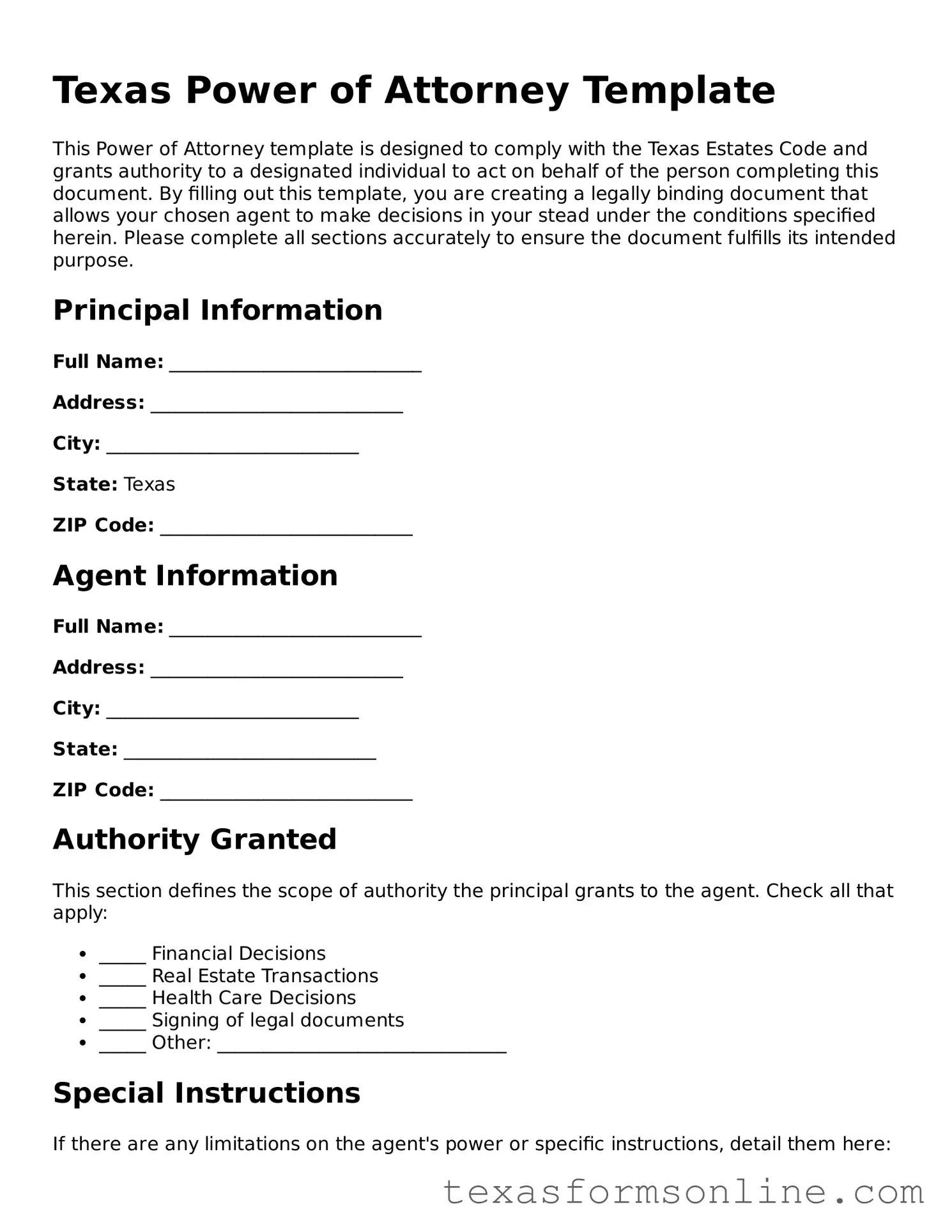 Official Texas Power of Attorney Document