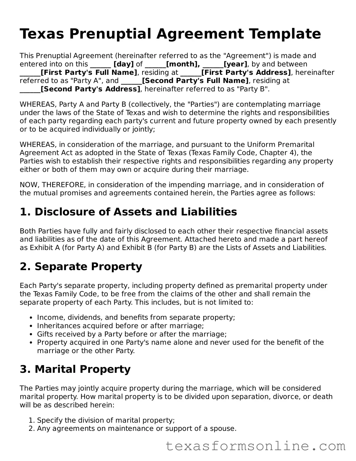 Official Texas Prenuptial Agreement Document