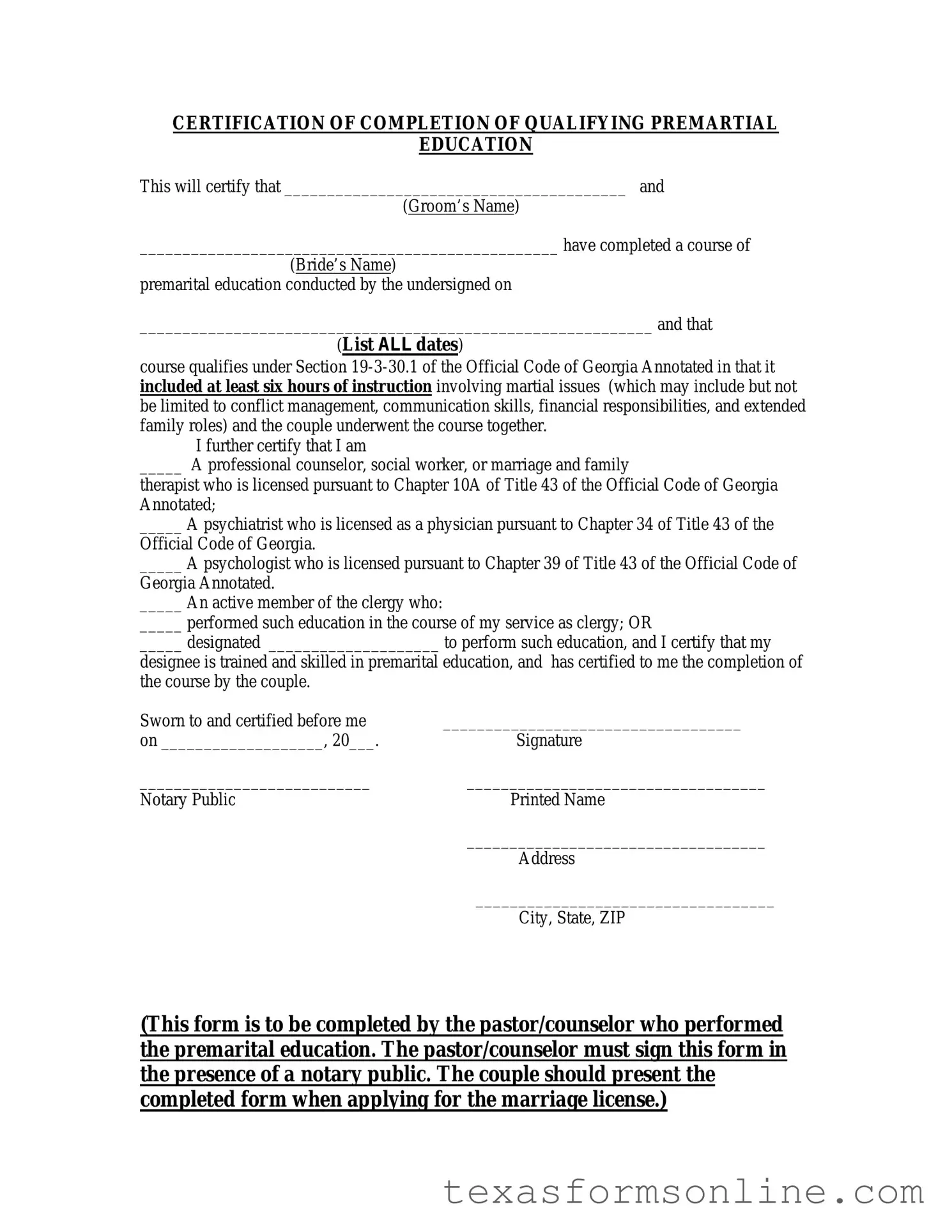 Blank Texas Premarital Course Certificate PDF Form