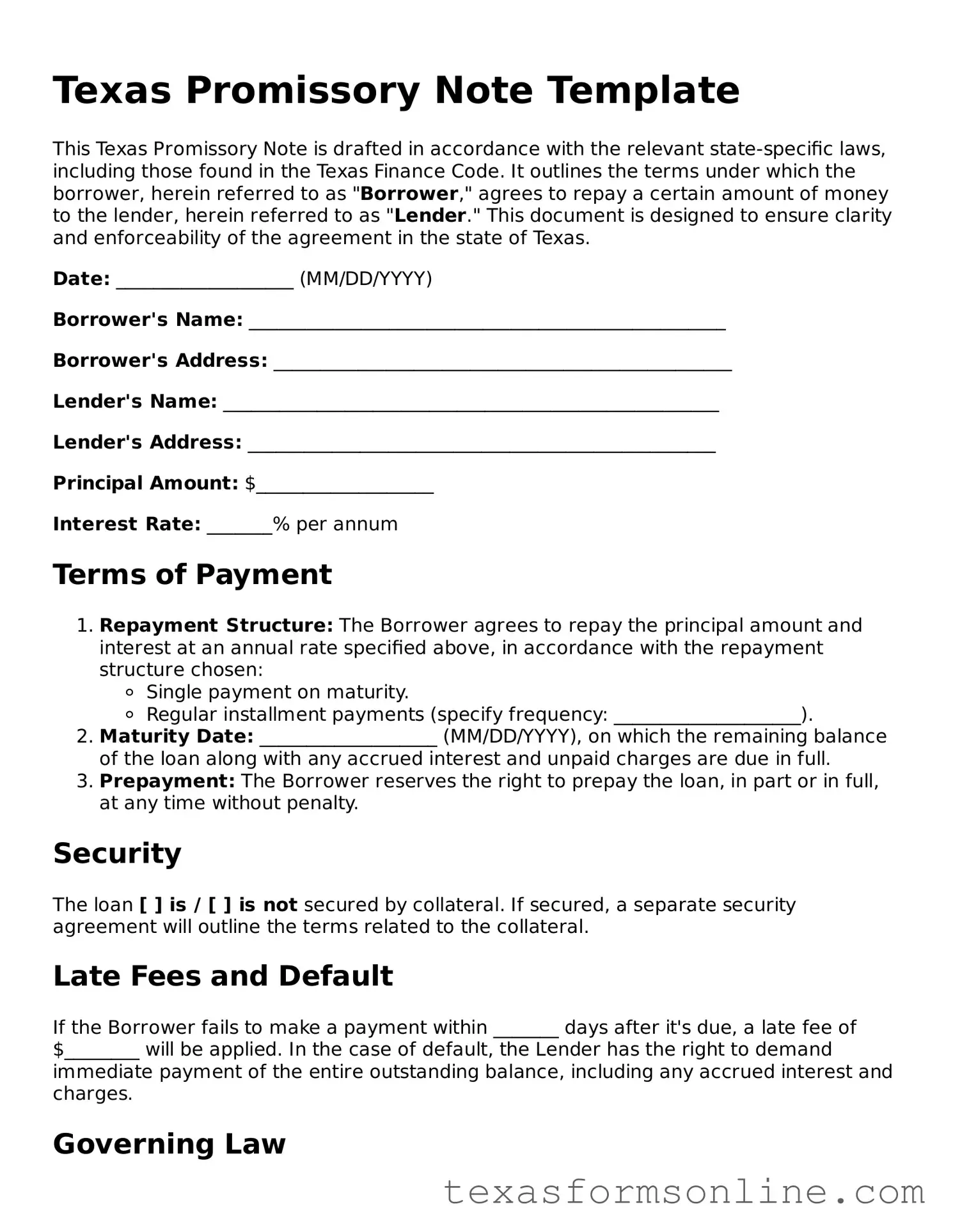 Official Texas Promissory Note Document