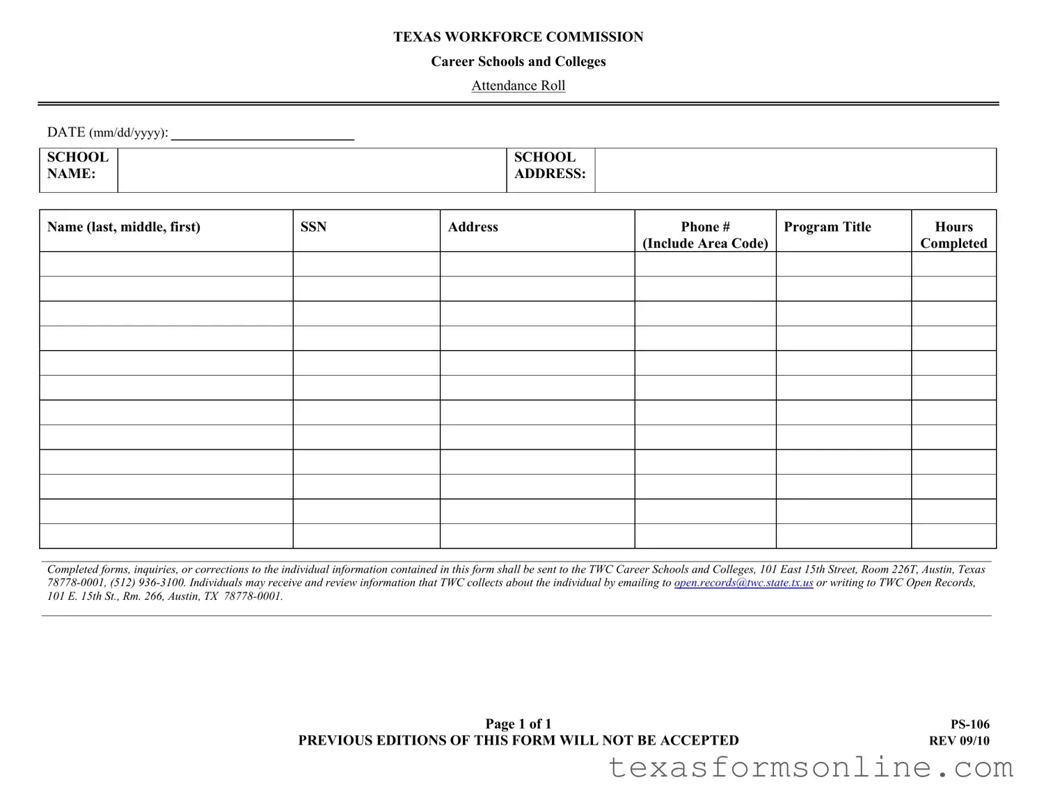 Blank Texas Ps 106 PDF Form