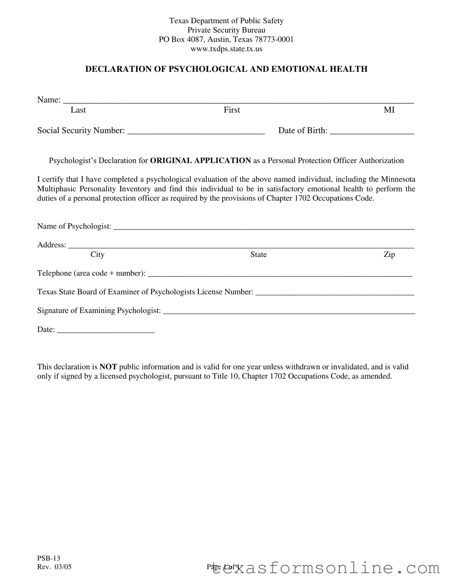 Blank Texas Psb 13 PDF Form