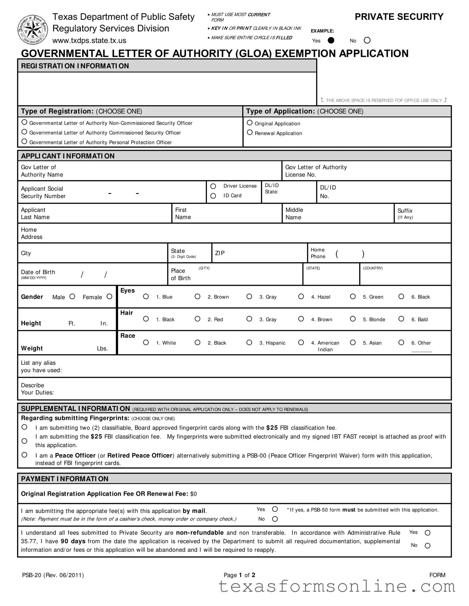 Blank Texas Psb 20 PDF Form
