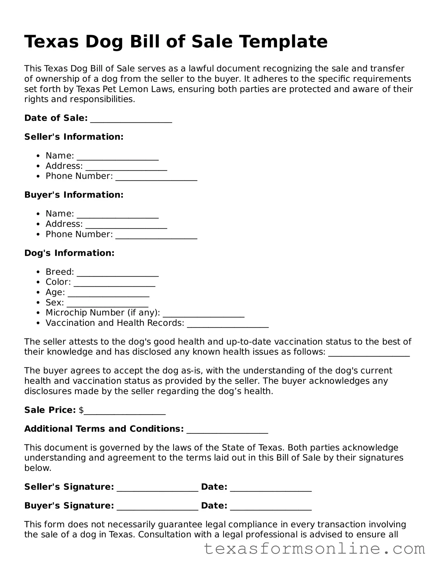 Official Texas Dog Bill of Sale Document