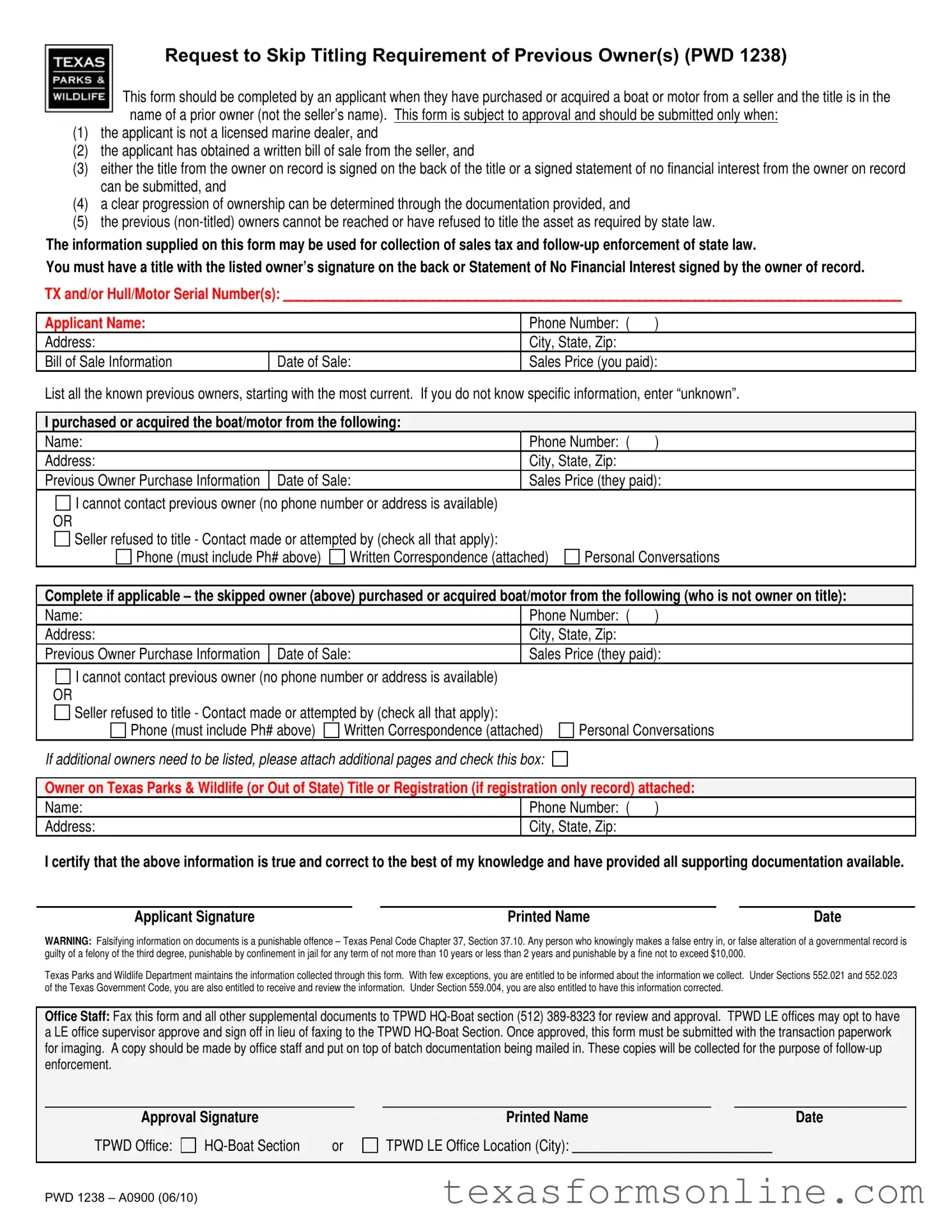 Blank Texas Pwd 1238 PDF Form