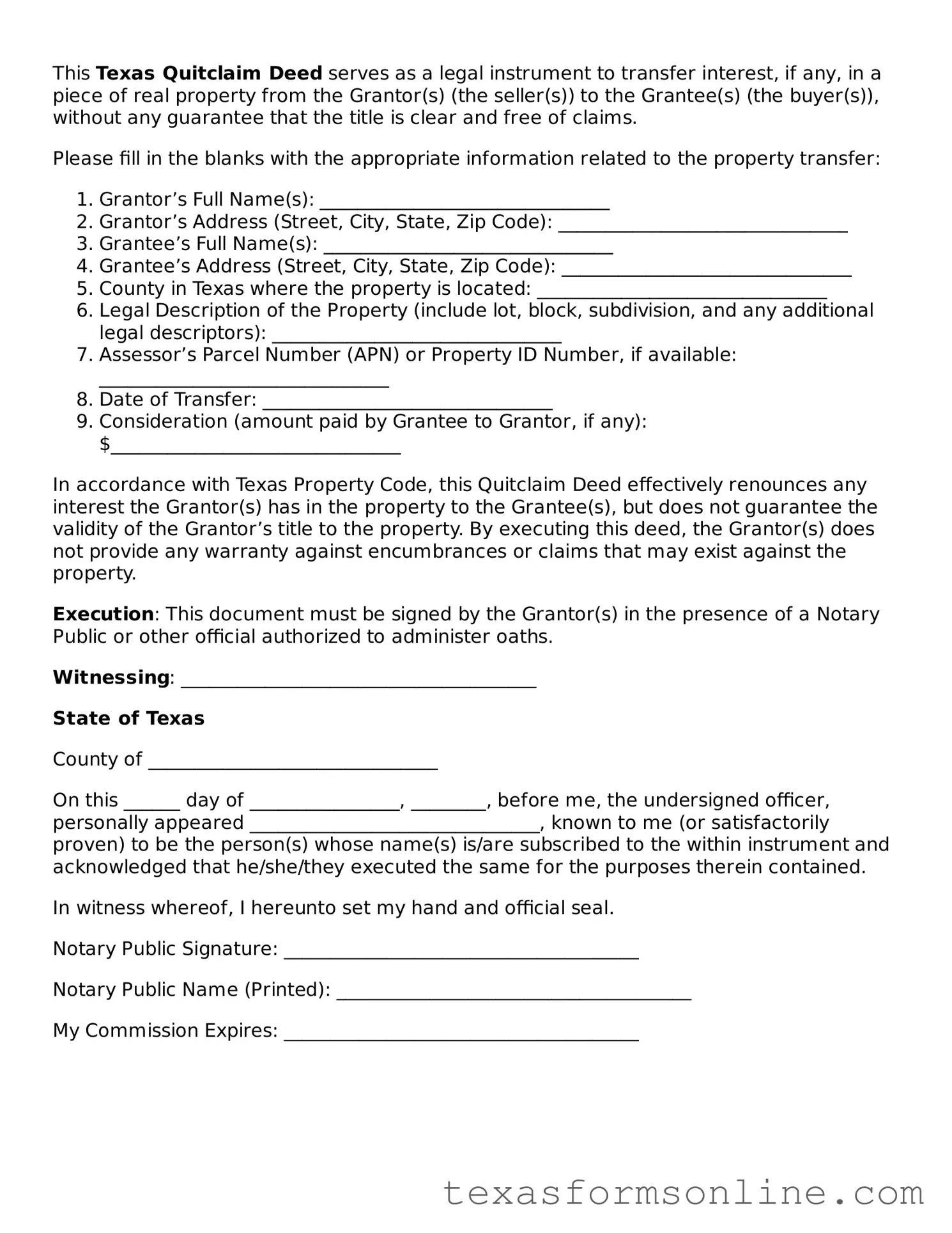 Official Texas Quitclaim Deed Document