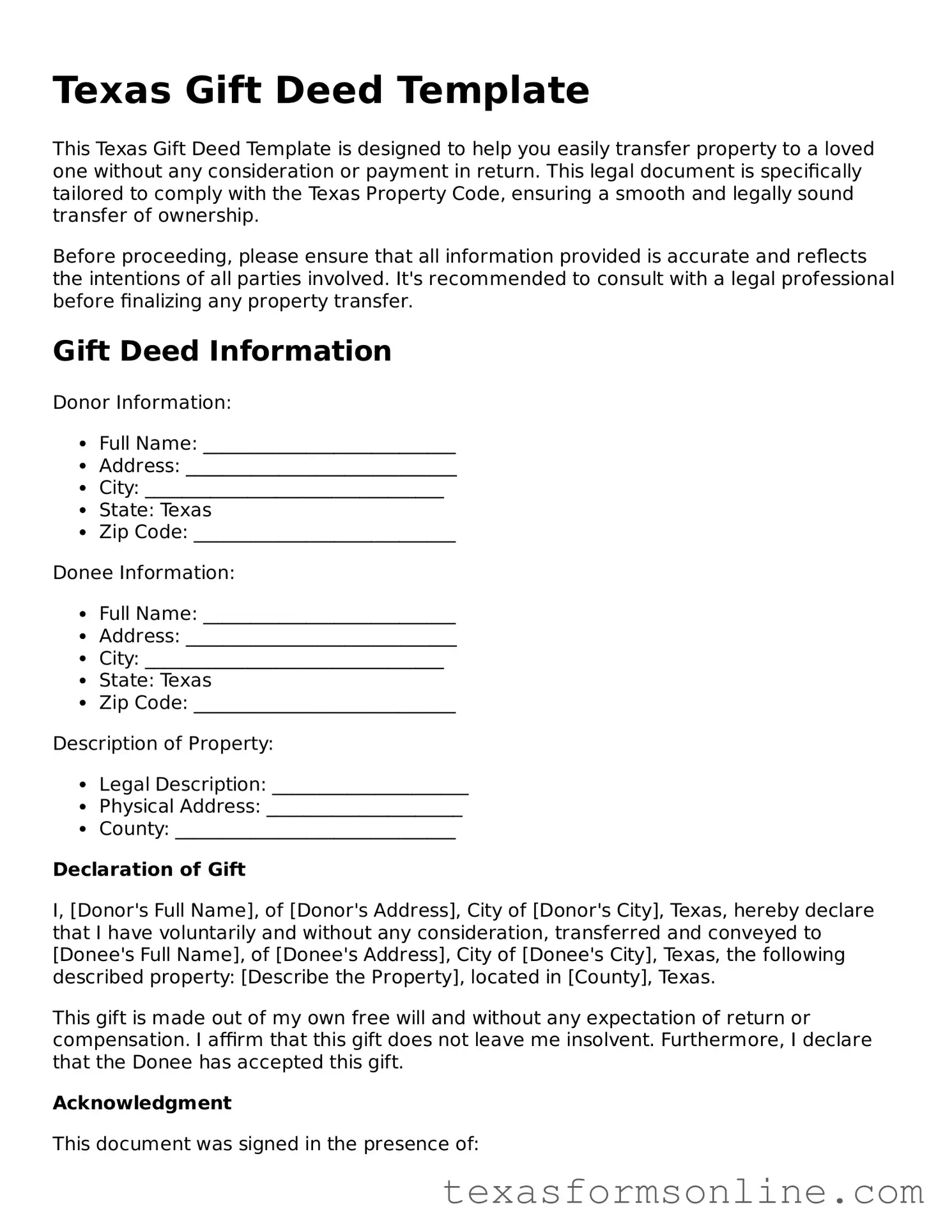 Official Texas Gift Deed Document